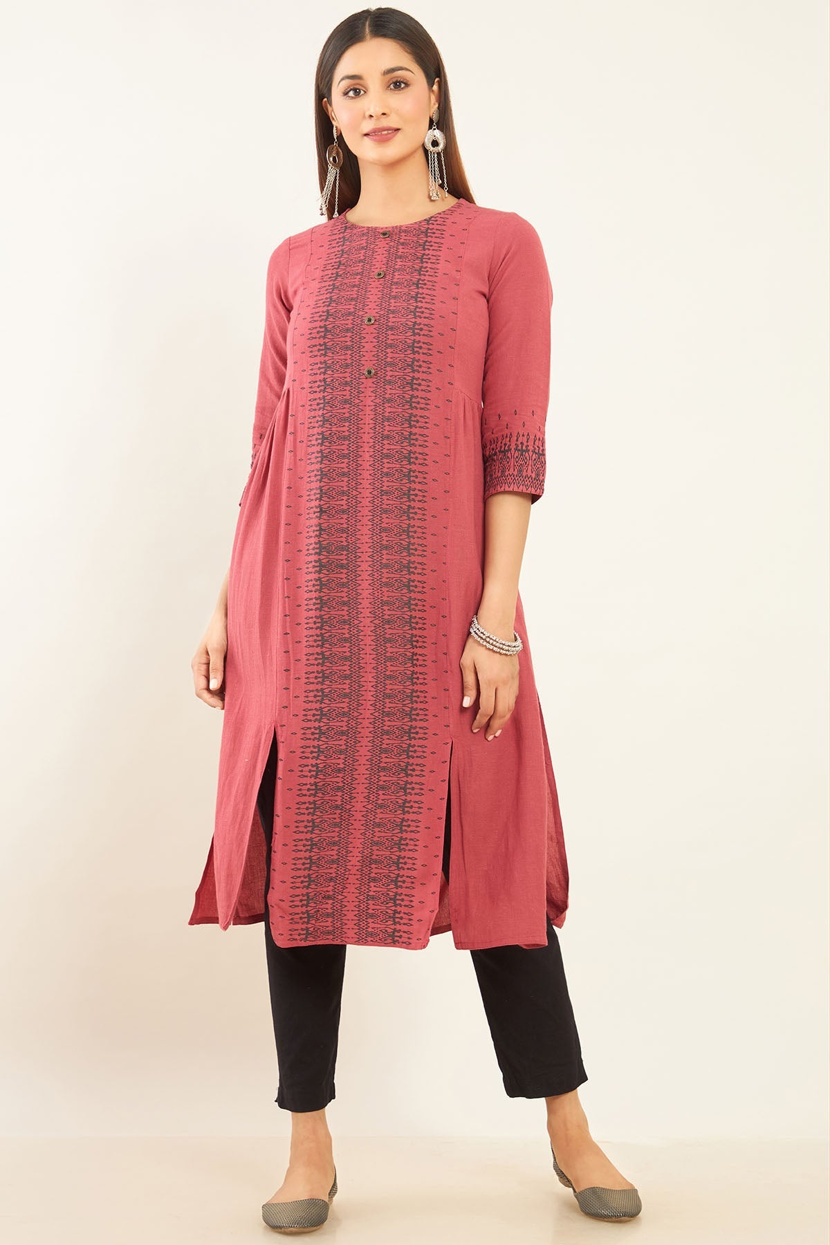 Abstract Printed Multi Slit A Line Kurta Pink