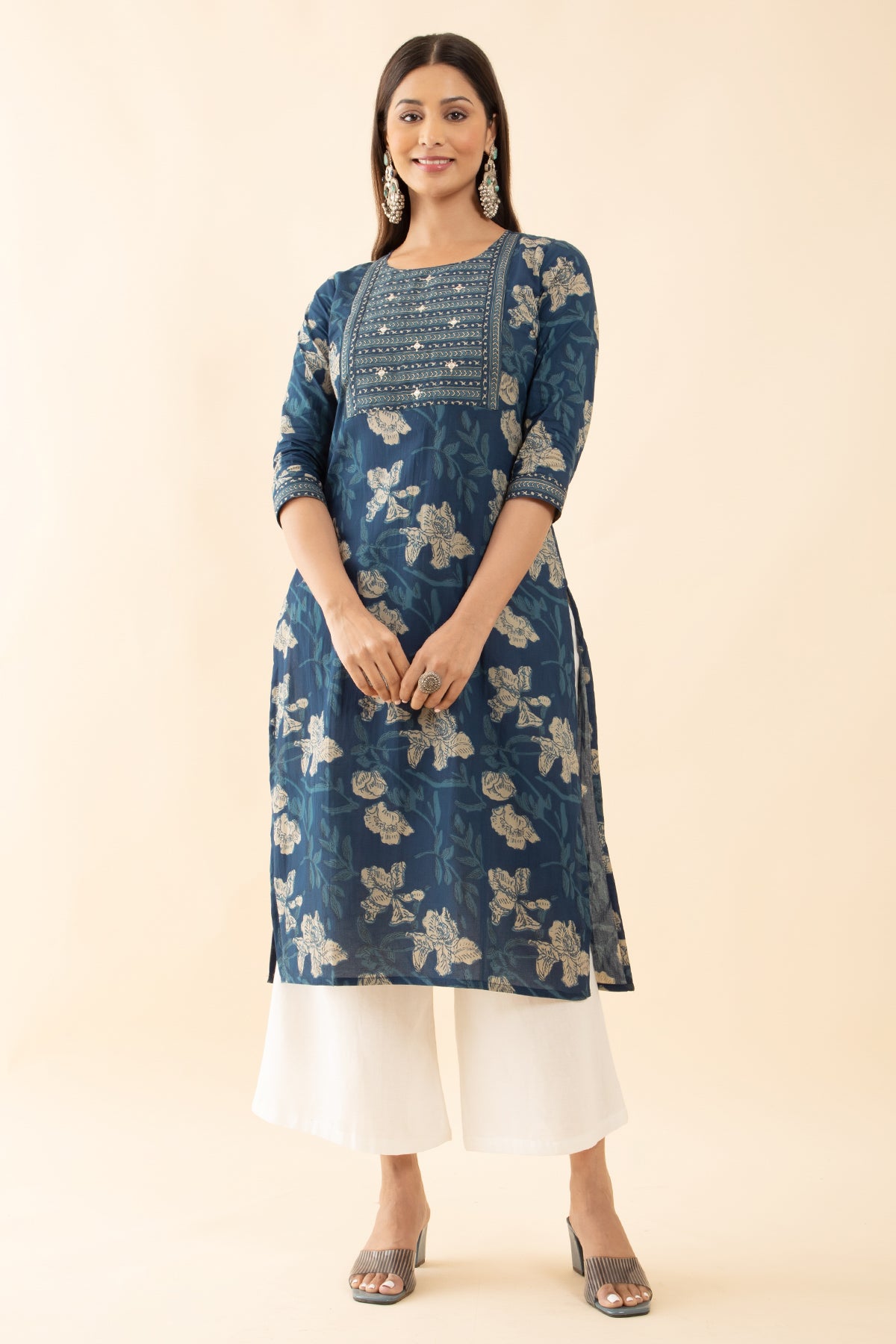 Minimal Cotton Floral Printed Kurta - Blue