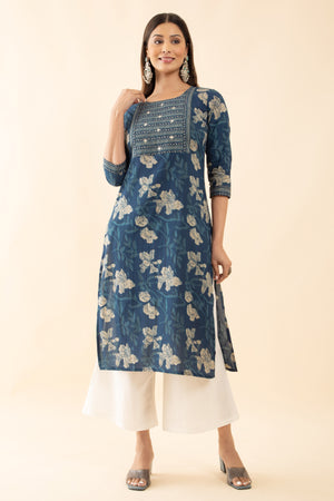 Minimal Cotton Floral Printed Kurta - Blue