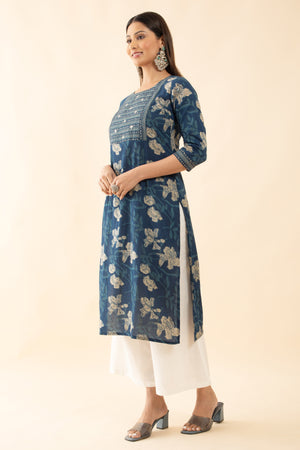 Minimal Cotton Floral Printed Kurta - Blue