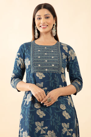 Minimal Cotton Floral Printed Kurta - Blue