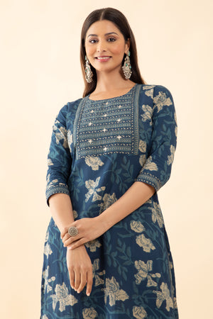 Minimal Cotton Floral Printed Kurta - Blue