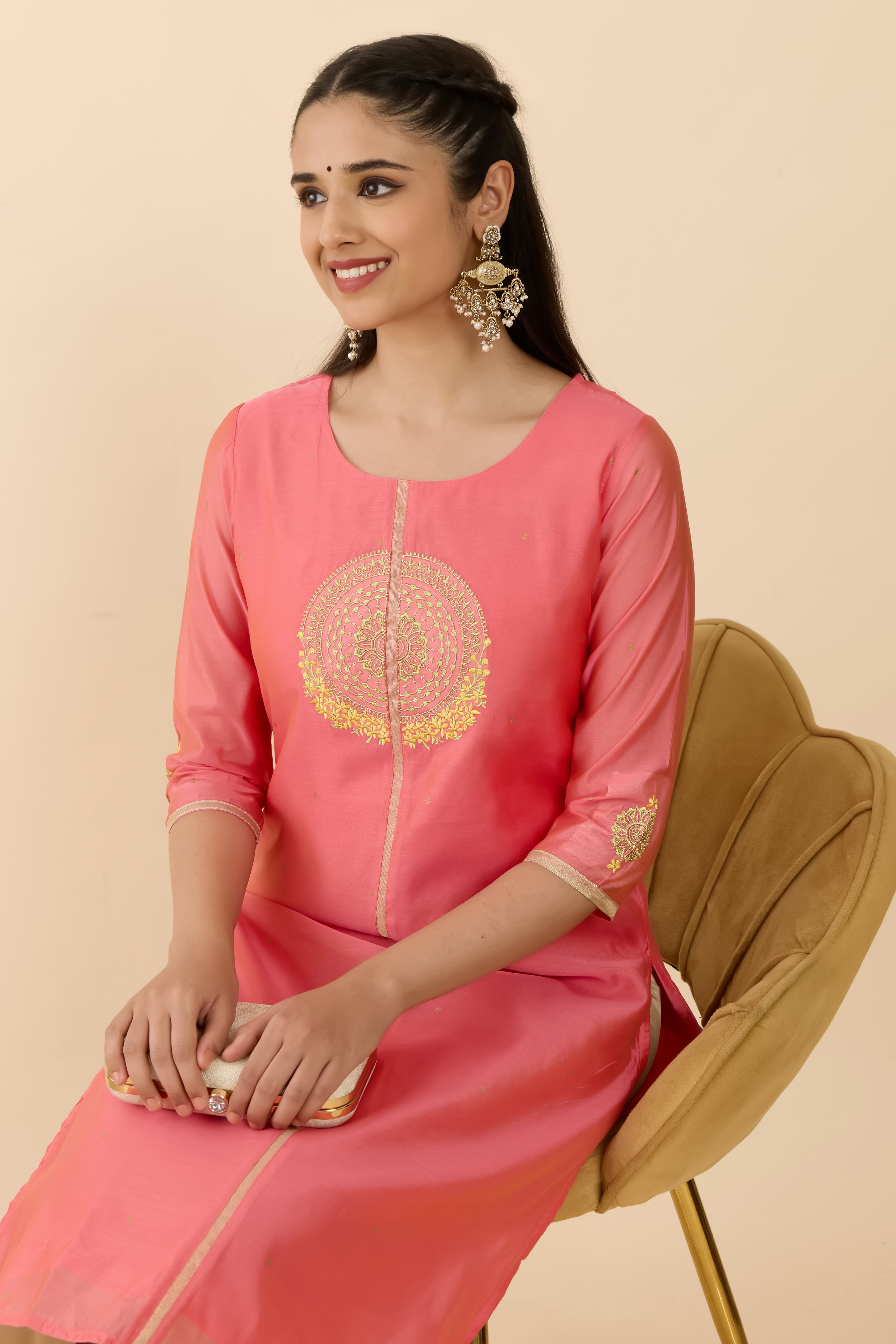 PEACH MANDALA EMBROIDERED STRAIGHT CUT KURTA