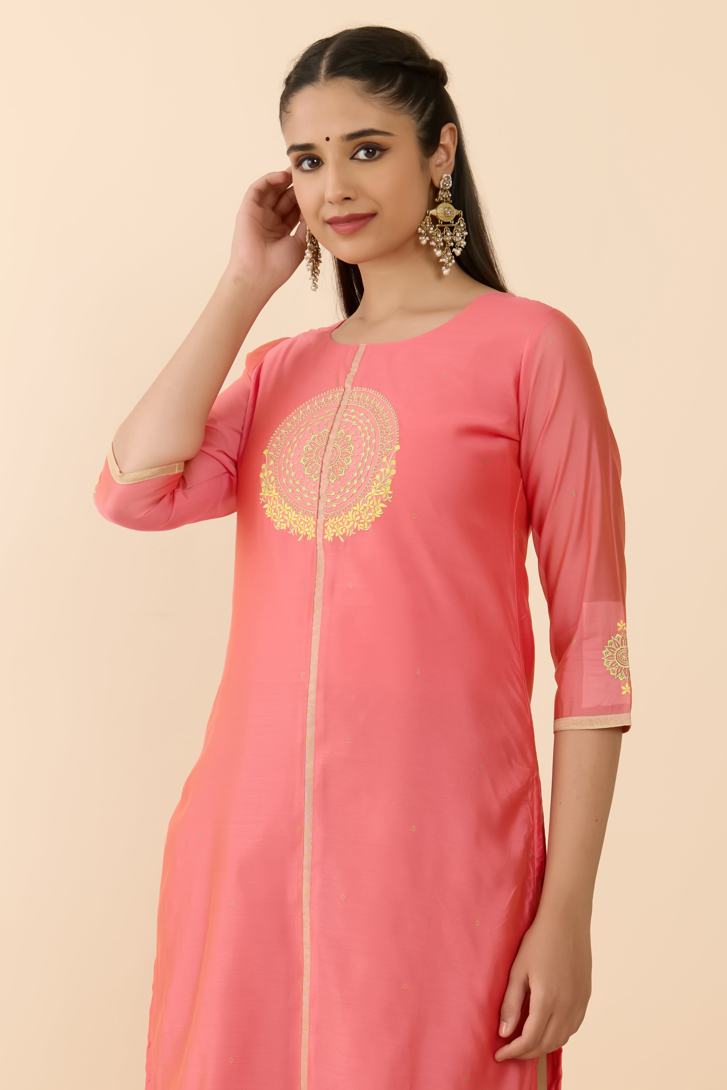 PEACH MANDALA EMBROIDERED STRAIGHT CUT KURTA