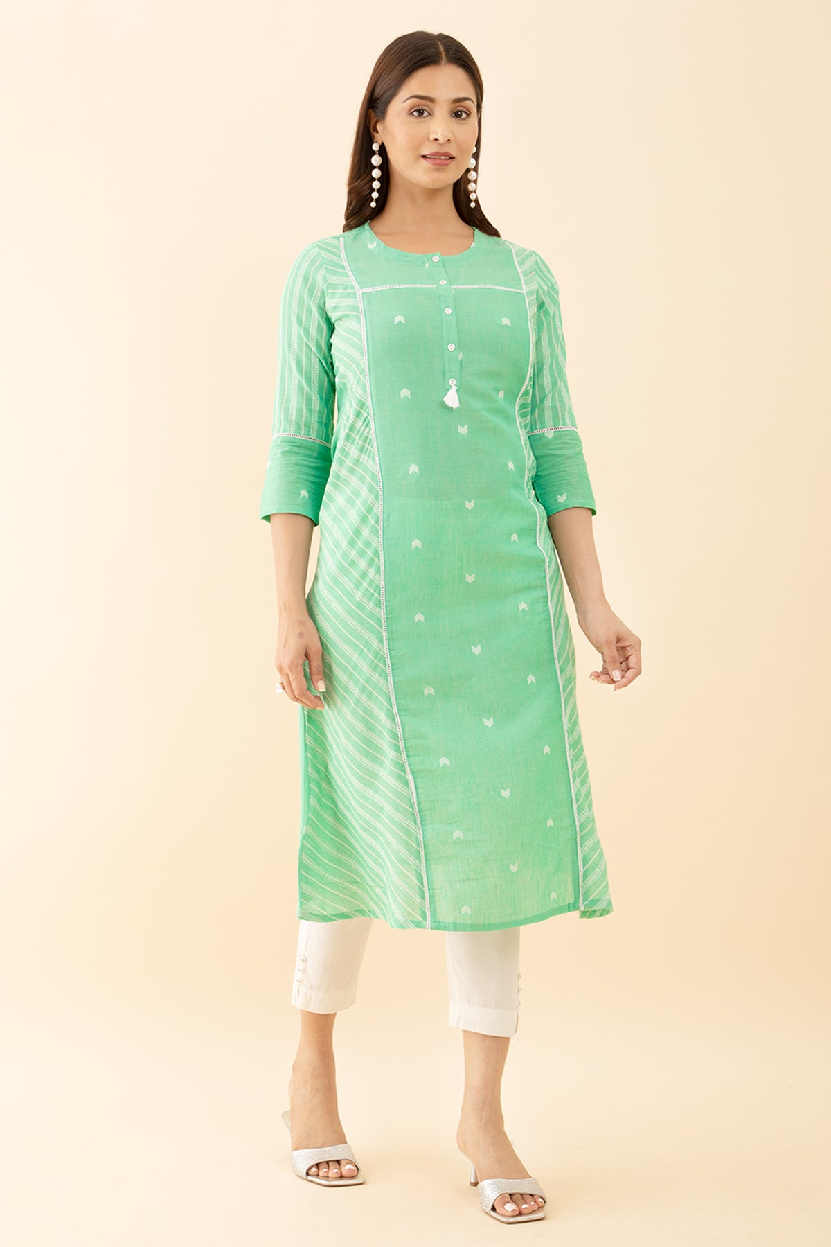 Dobby Weave Panel Kurta with Tassel Detail in Pastel Green