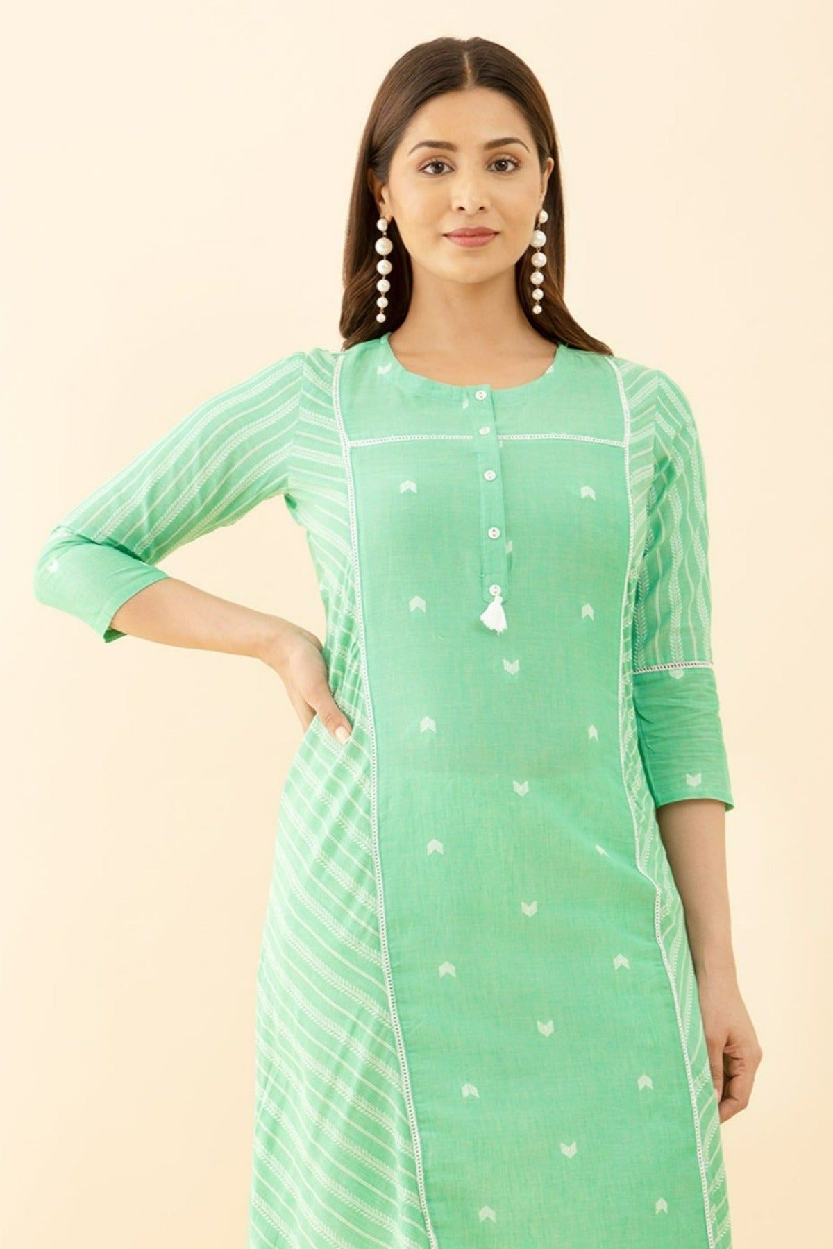 Dobby Weave Panel Kurta with Tassel Detail in Pastel Green