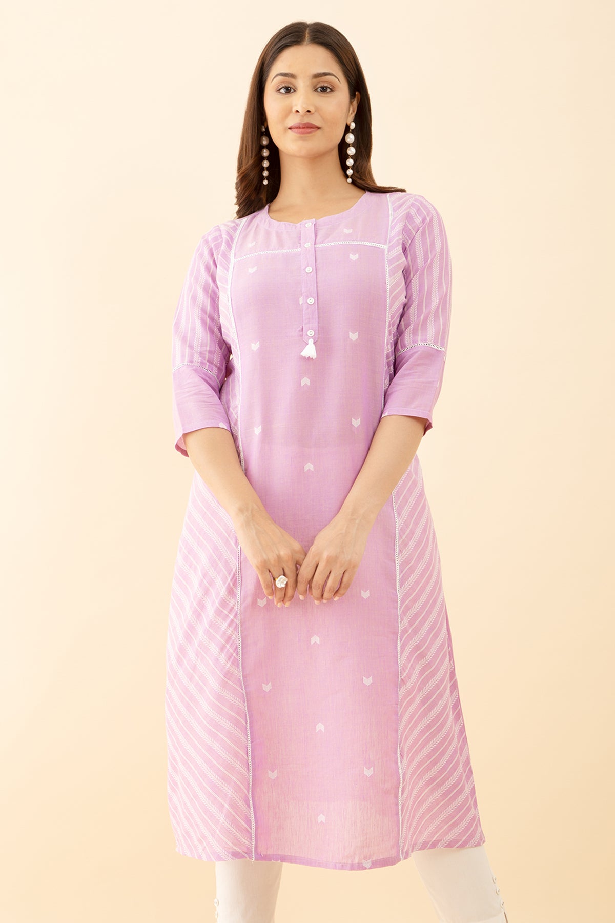 Panel Kurta in Dobby Weave with Tassel Detailing Pastel Purple Shade