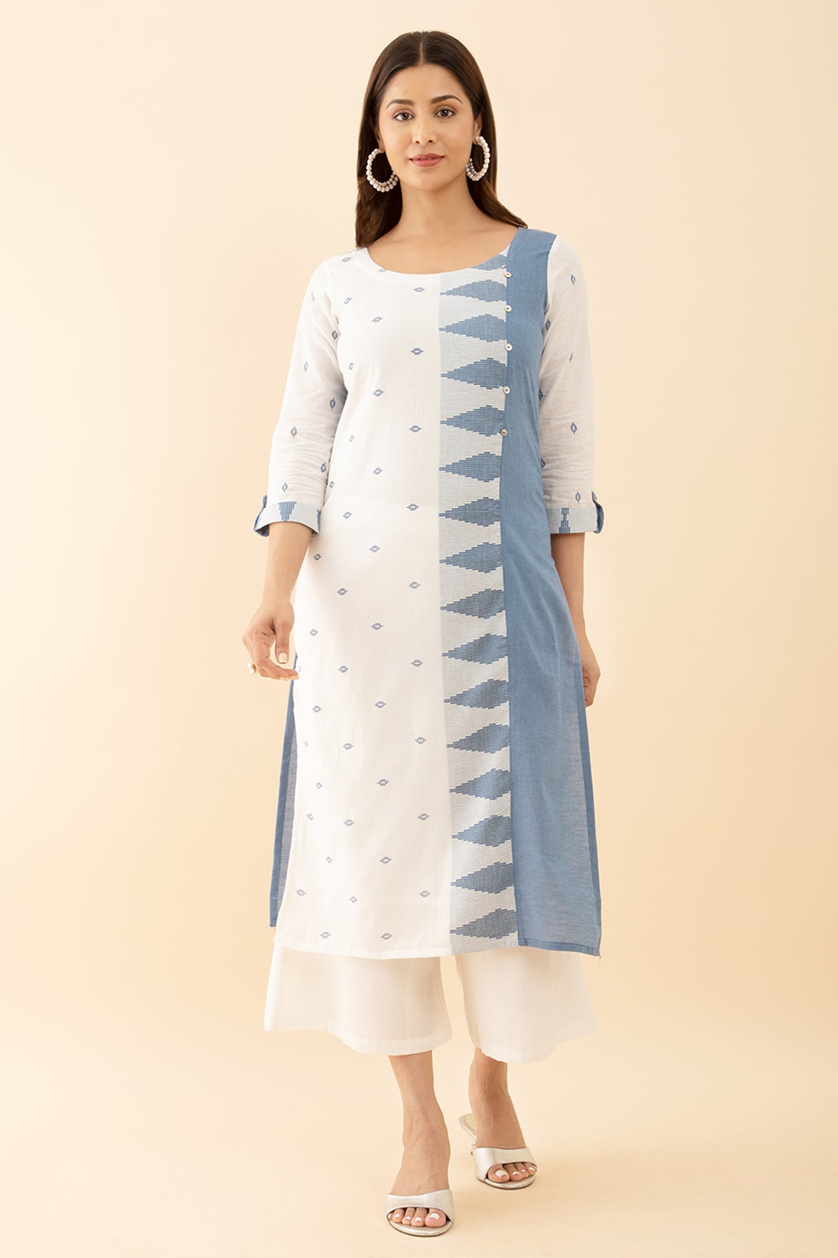 Classic Blue Dobby Kurta with Geometric Button Flair