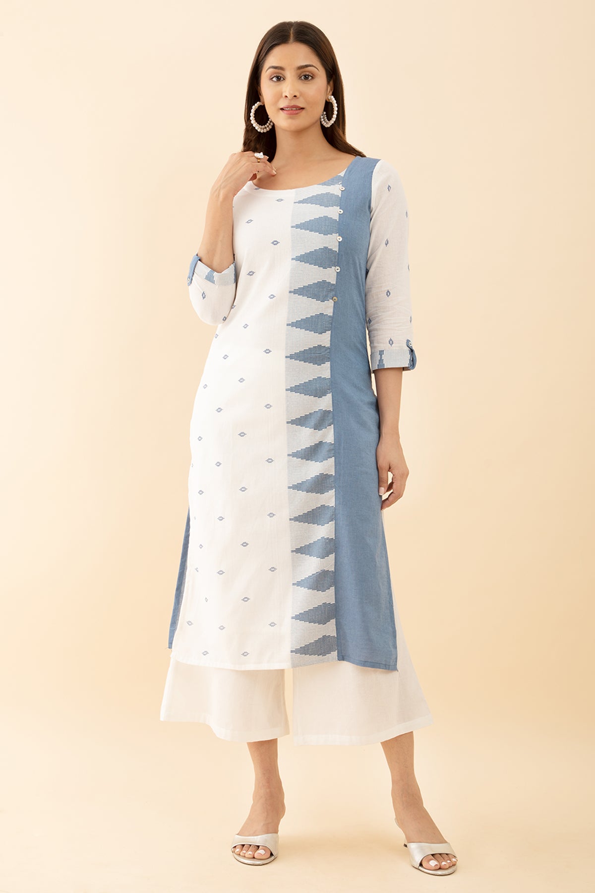 Classic Blue Dobby Kurta with Geometric Button Flair