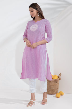 Mandala Embroidered Monochrome Lavendar Dobby Weave Kurta