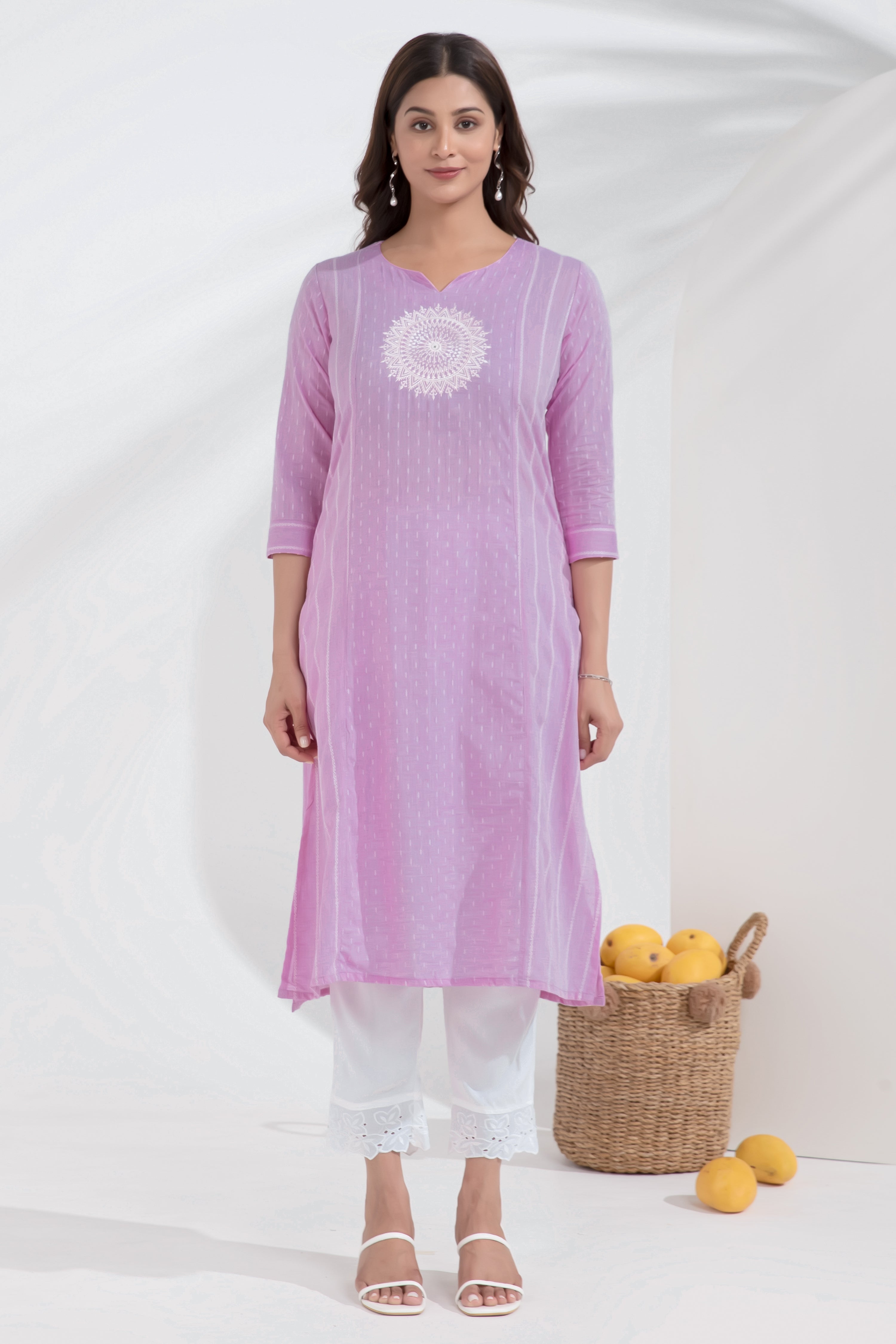 Mandala Embroidered Monochrome Lavendar Dobby Weave Kurta