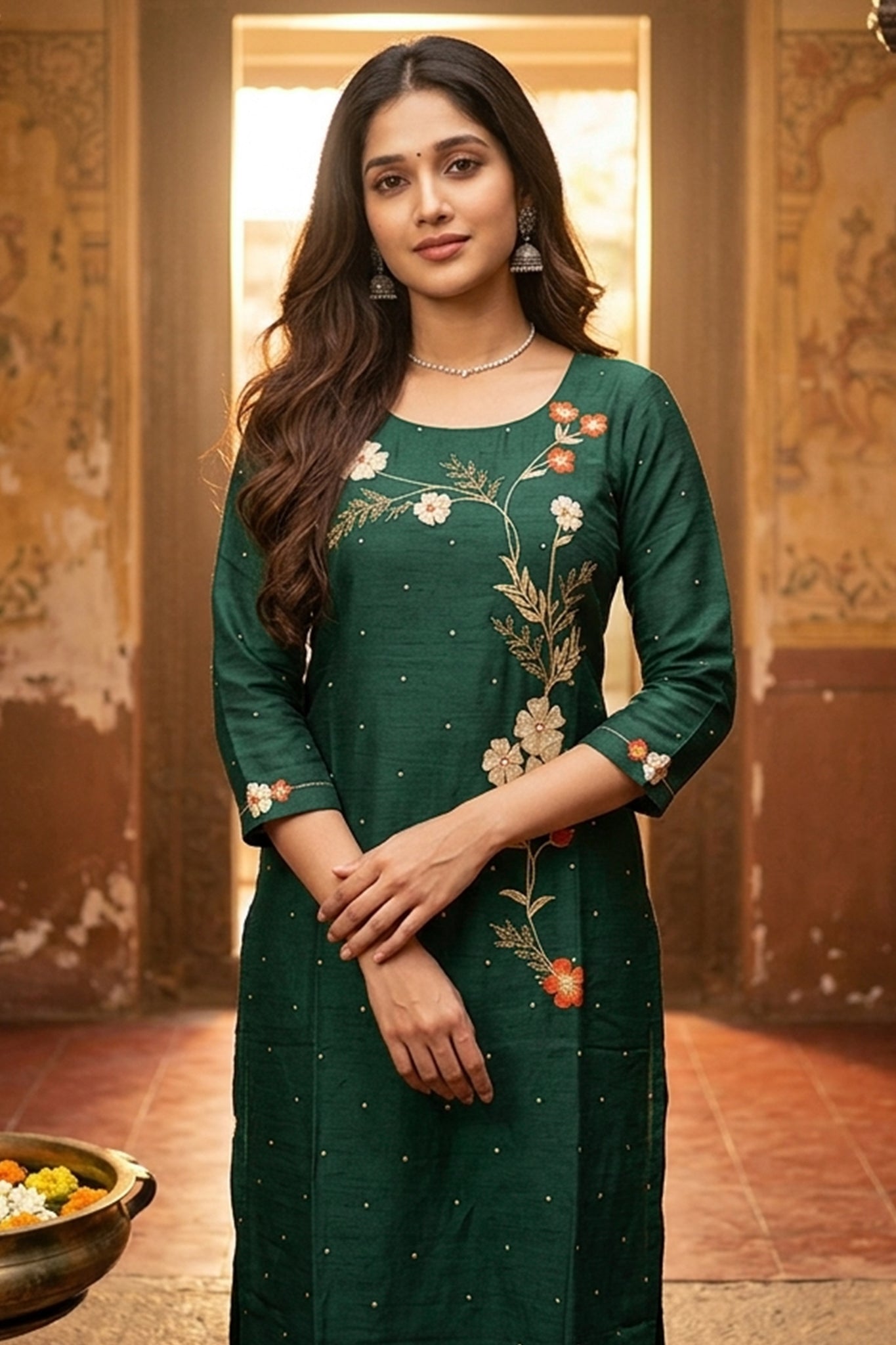 GREEN KURTA WITH FLORAL EMBROIDERY