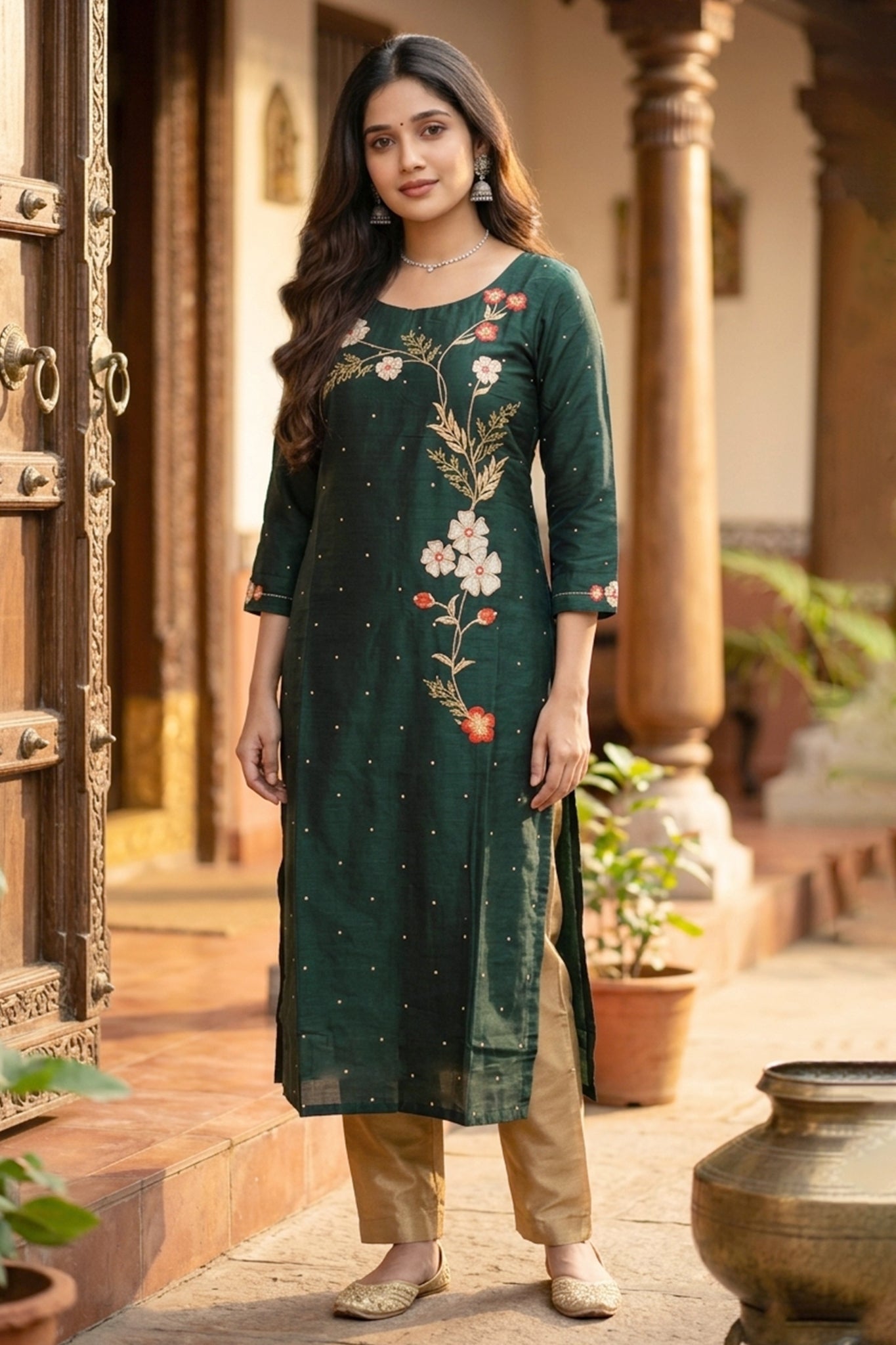 GREEN KURTA WITH FLORAL EMBROIDERY