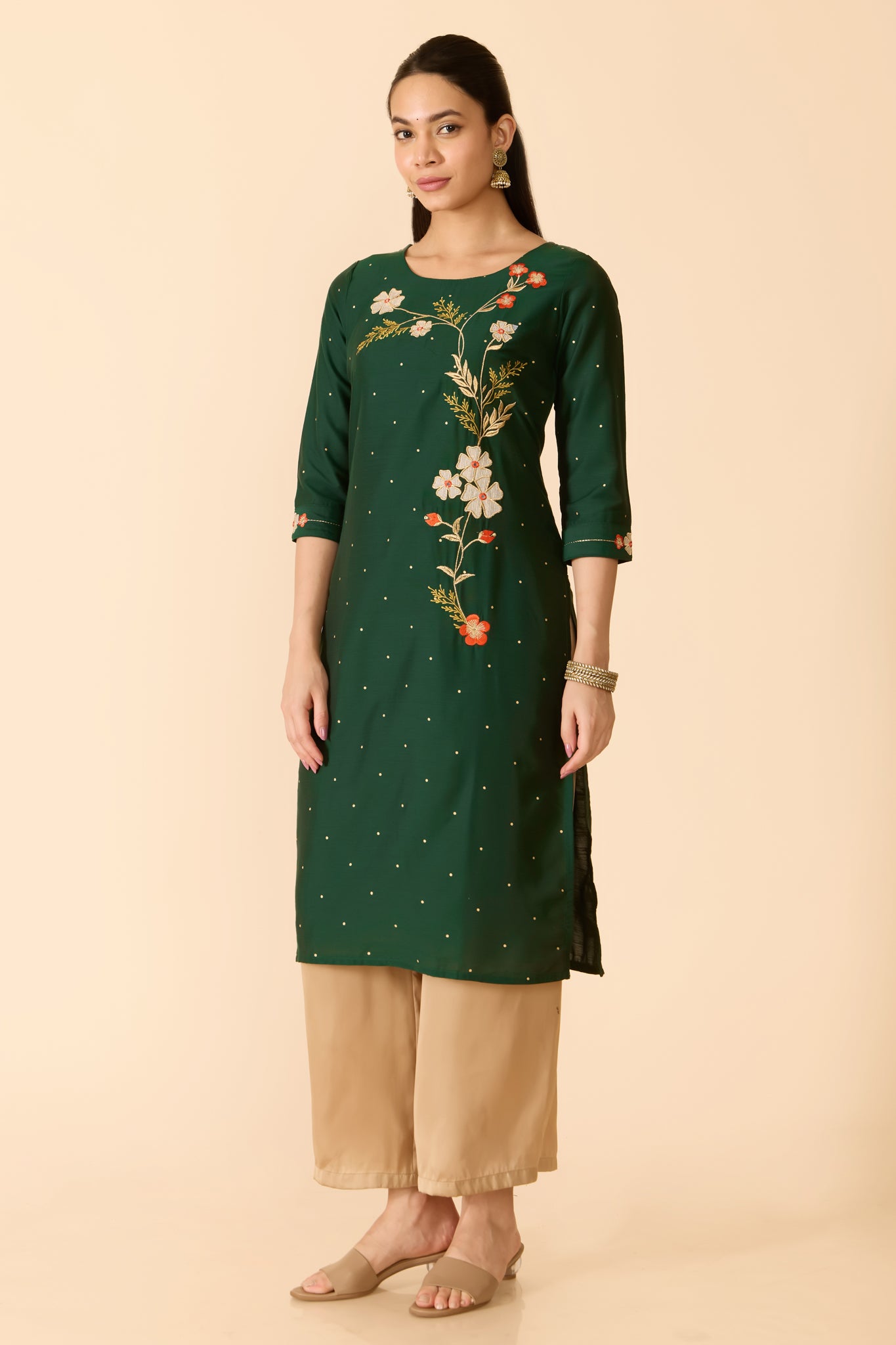 GREEN KURTA WITH FLORAL EMBROIDERY