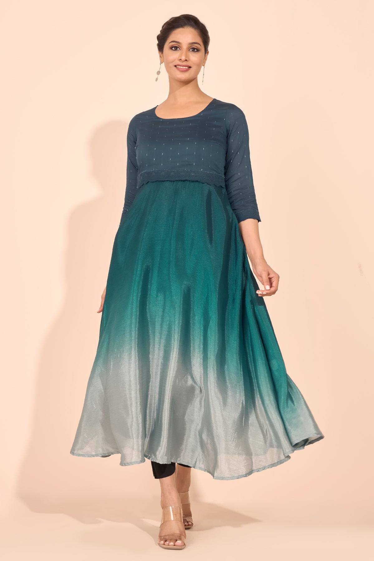 Ombre Dyed Lace Embellished Kurta - Teal Blue