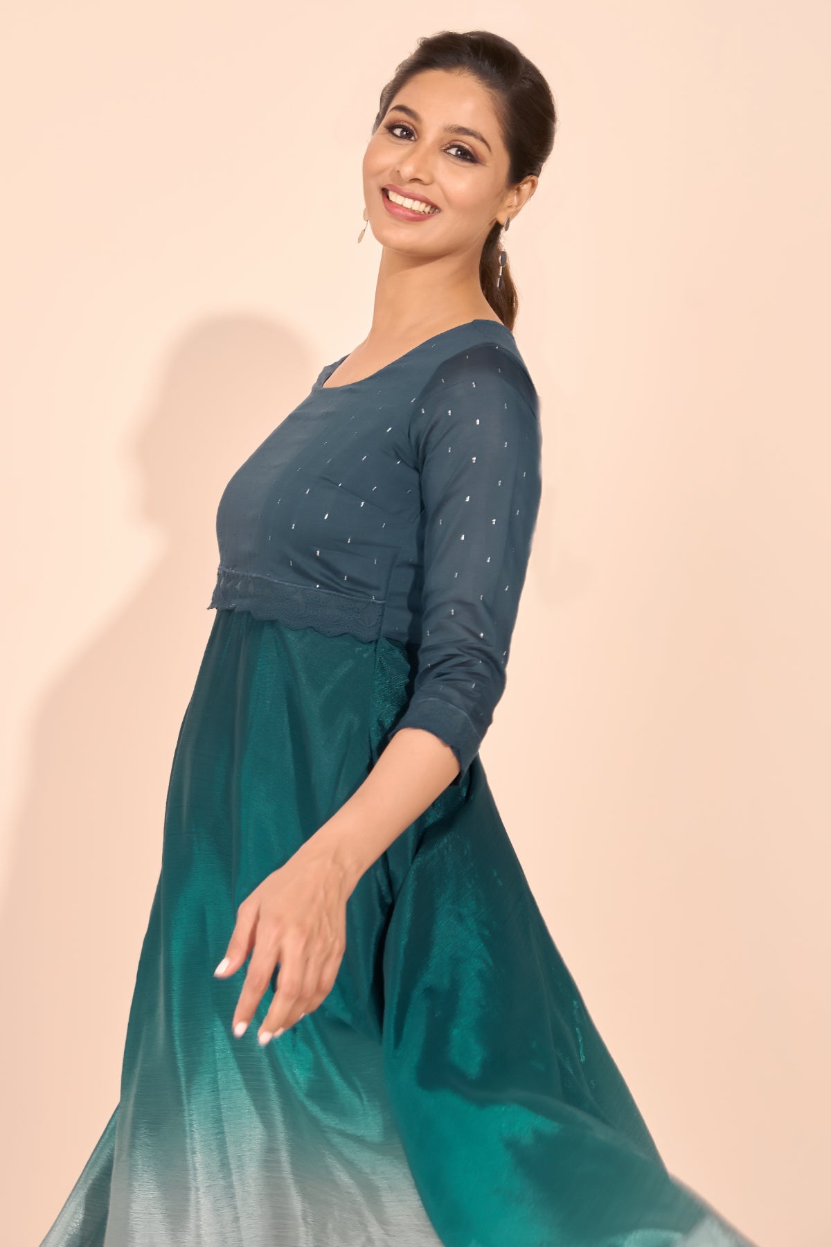 Ombre Dyed Lace Embellished Kurta - Teal Blue