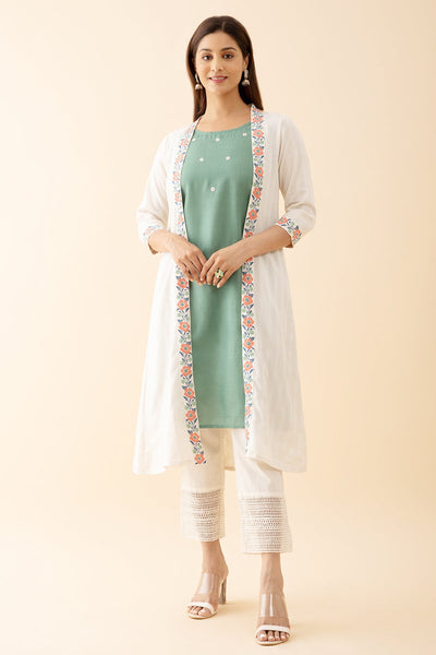 Floral Embroidered Kurta with Printed Jackets - Green