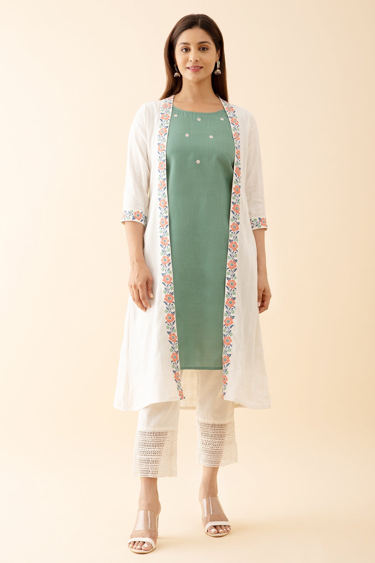 Floral Embroidered Kurta with Printed Jackets - Green