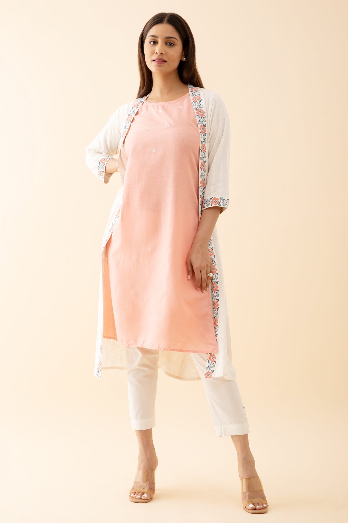 Floral Embroidered Kurta with Printed Jackets Peach