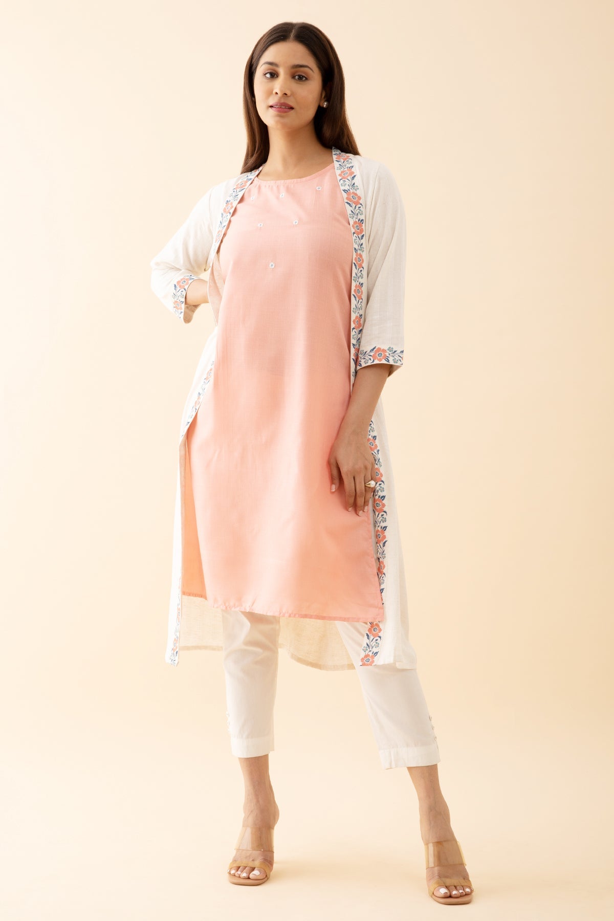 Floral Embroidered Kurta with Printed Jackets - Peach