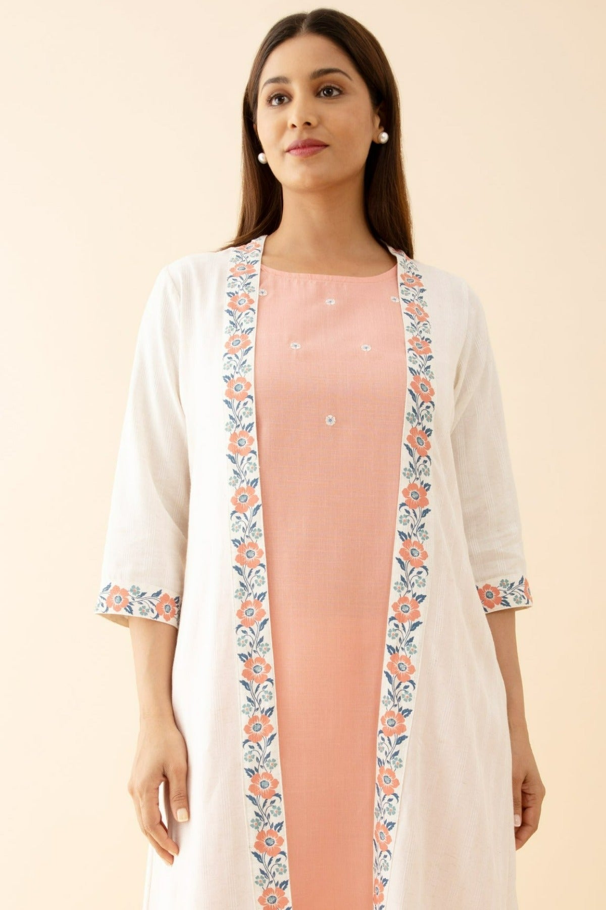 Floral Embroidered Kurta with Printed Jackets Peach