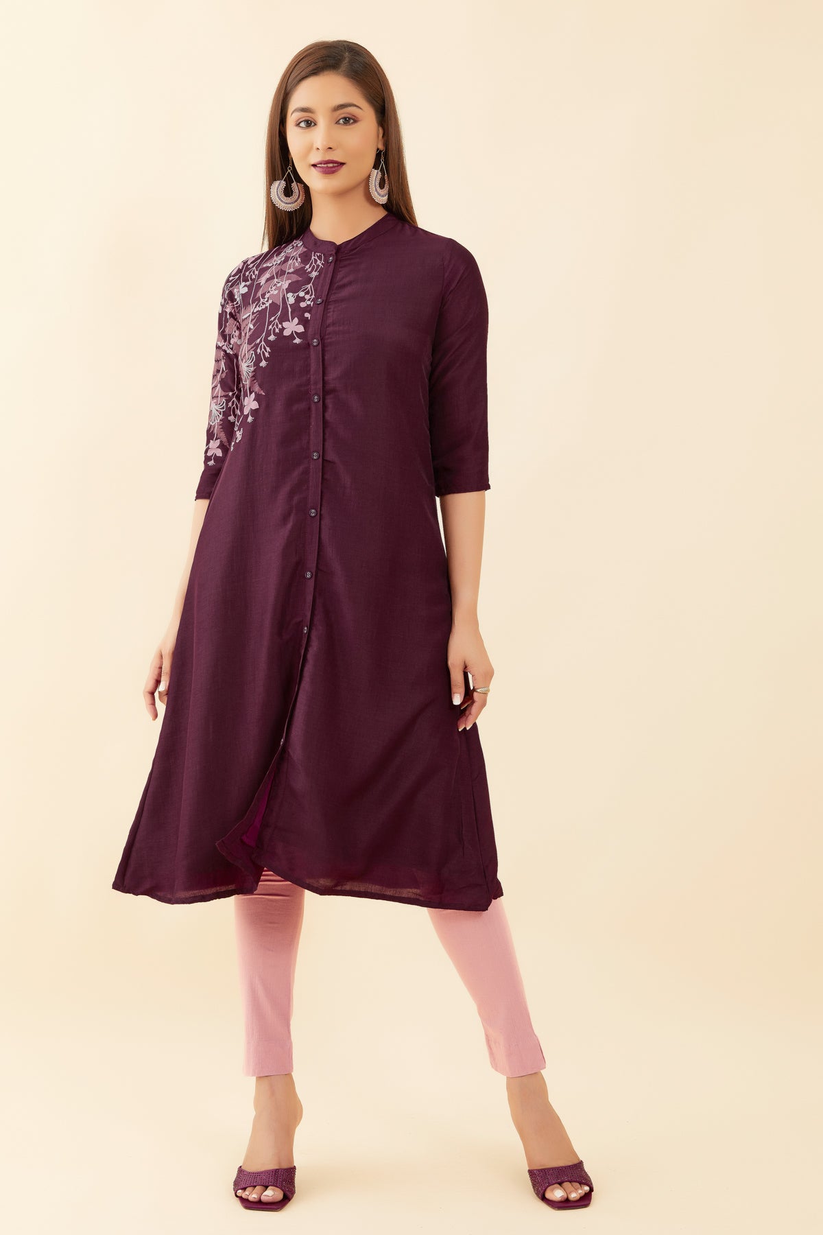 Floral Placement Printed A Line Kurta Purple