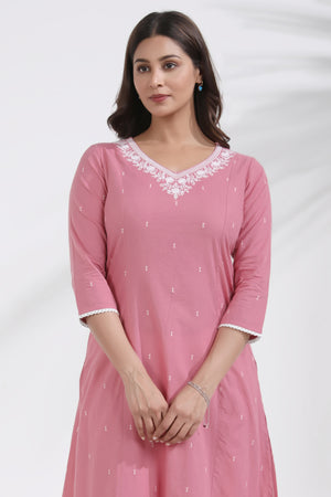 Floral Embroidered Pink Cotton Dobby Kurta