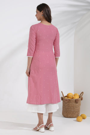 Floral Embroidered Pink Cotton Dobby Kurta