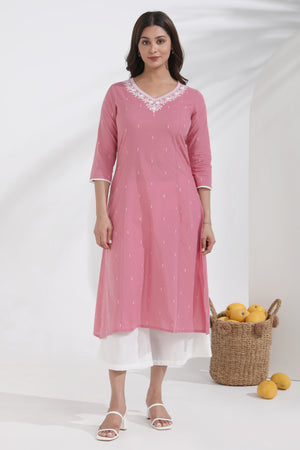 Floral Embroidered Pink Cotton Dobby Kurta