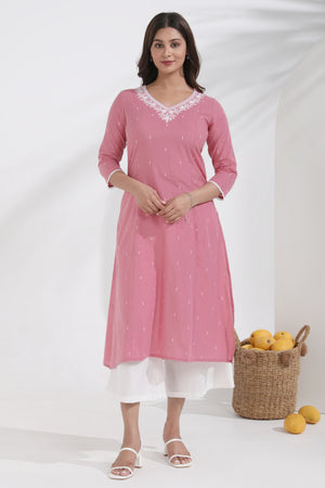 Floral Embroidered Pink Cotton Dobby Kurta