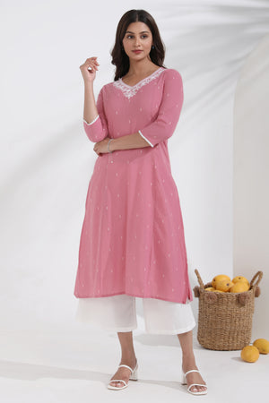 Floral Embroidered Pink Cotton Dobby Kurta