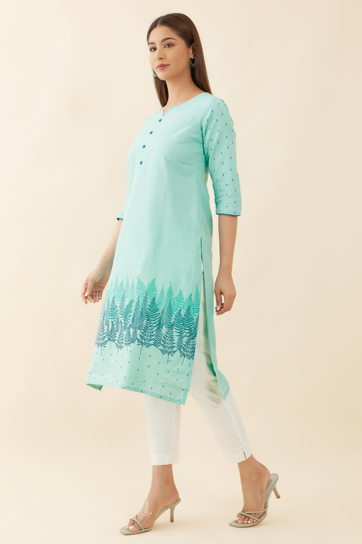 All Over Leaf Pattern Kurta Green