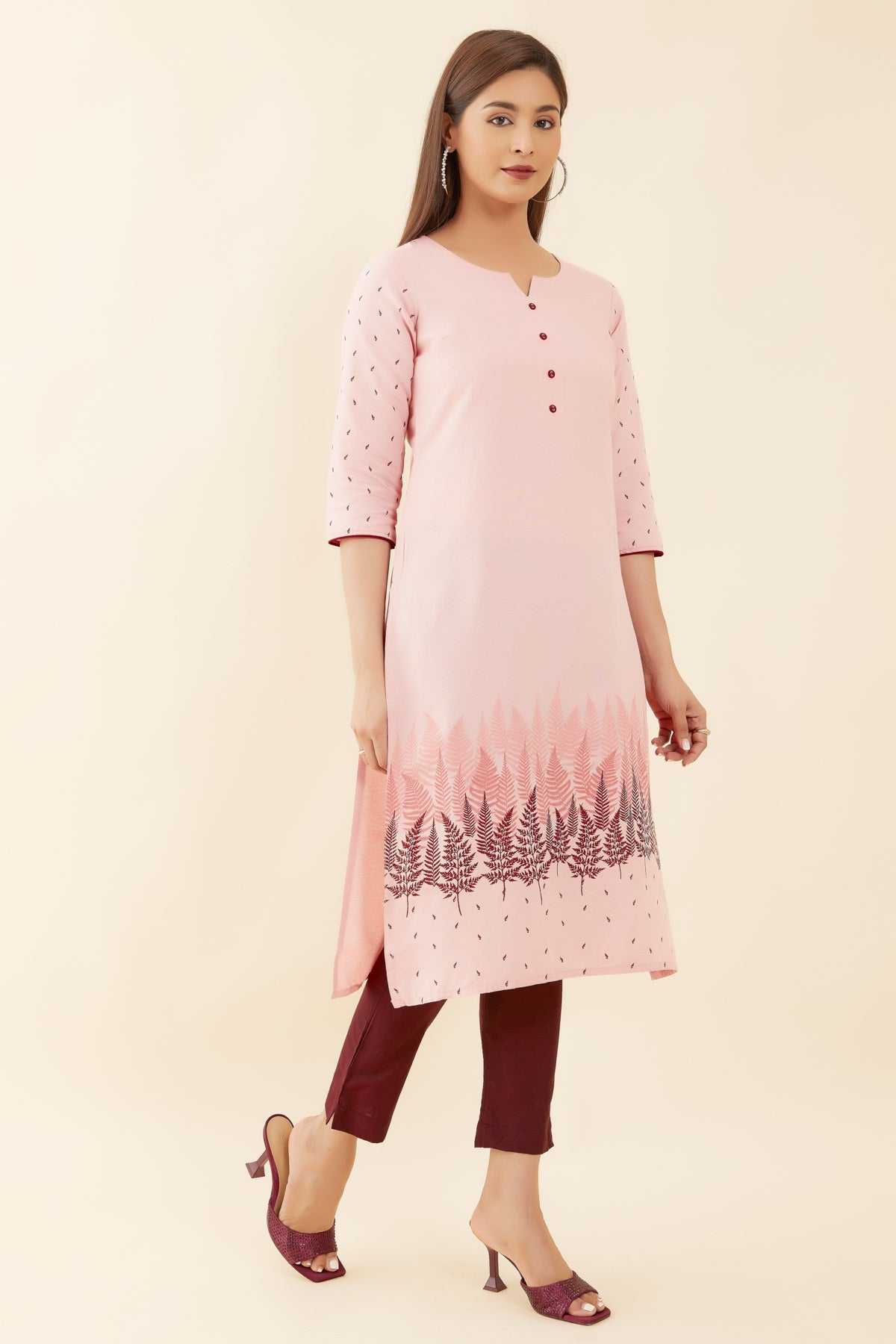 All Over Leaf Pattern Kurta Peach