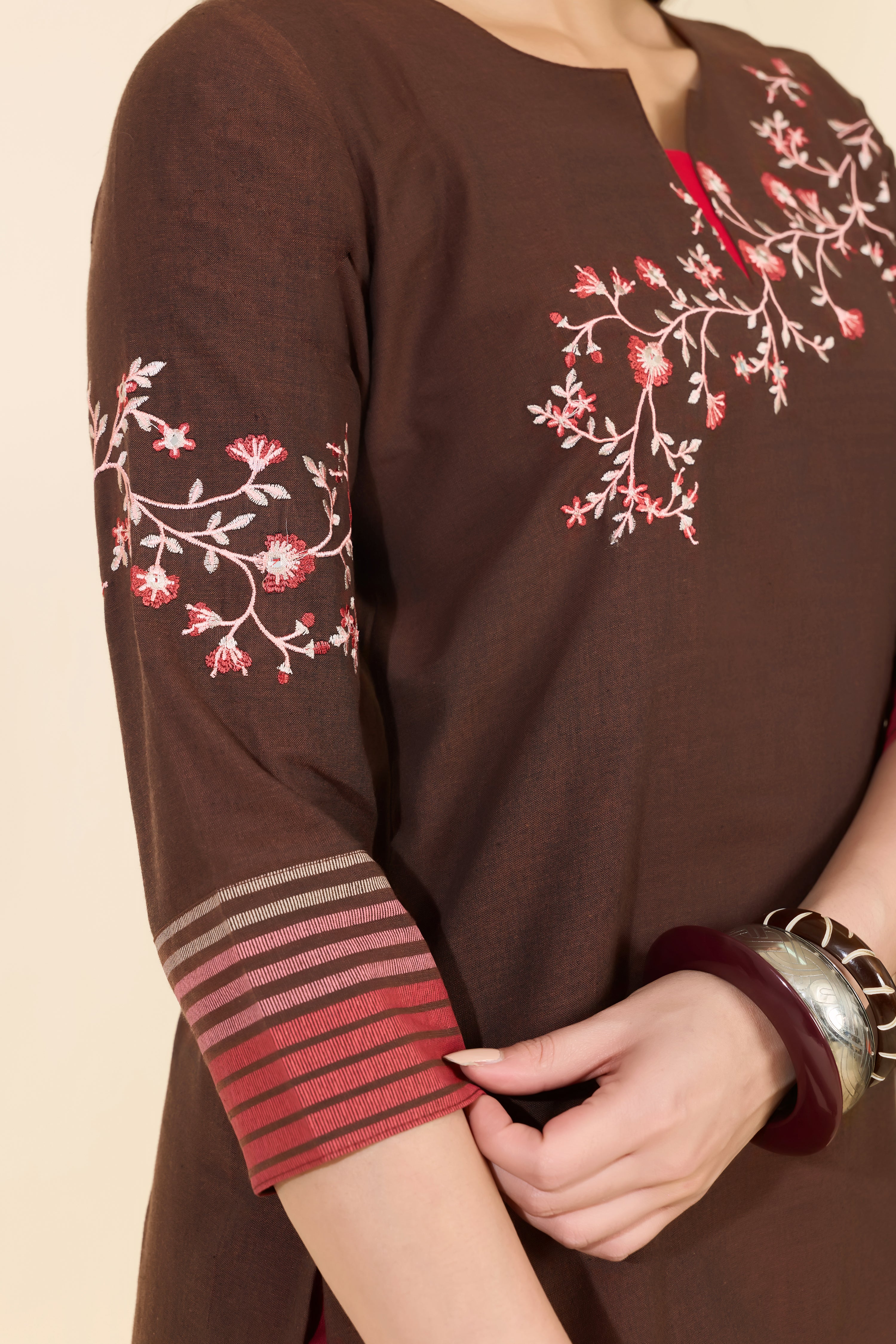 BROWN FLORAL & STRIPED COTTON KURTA