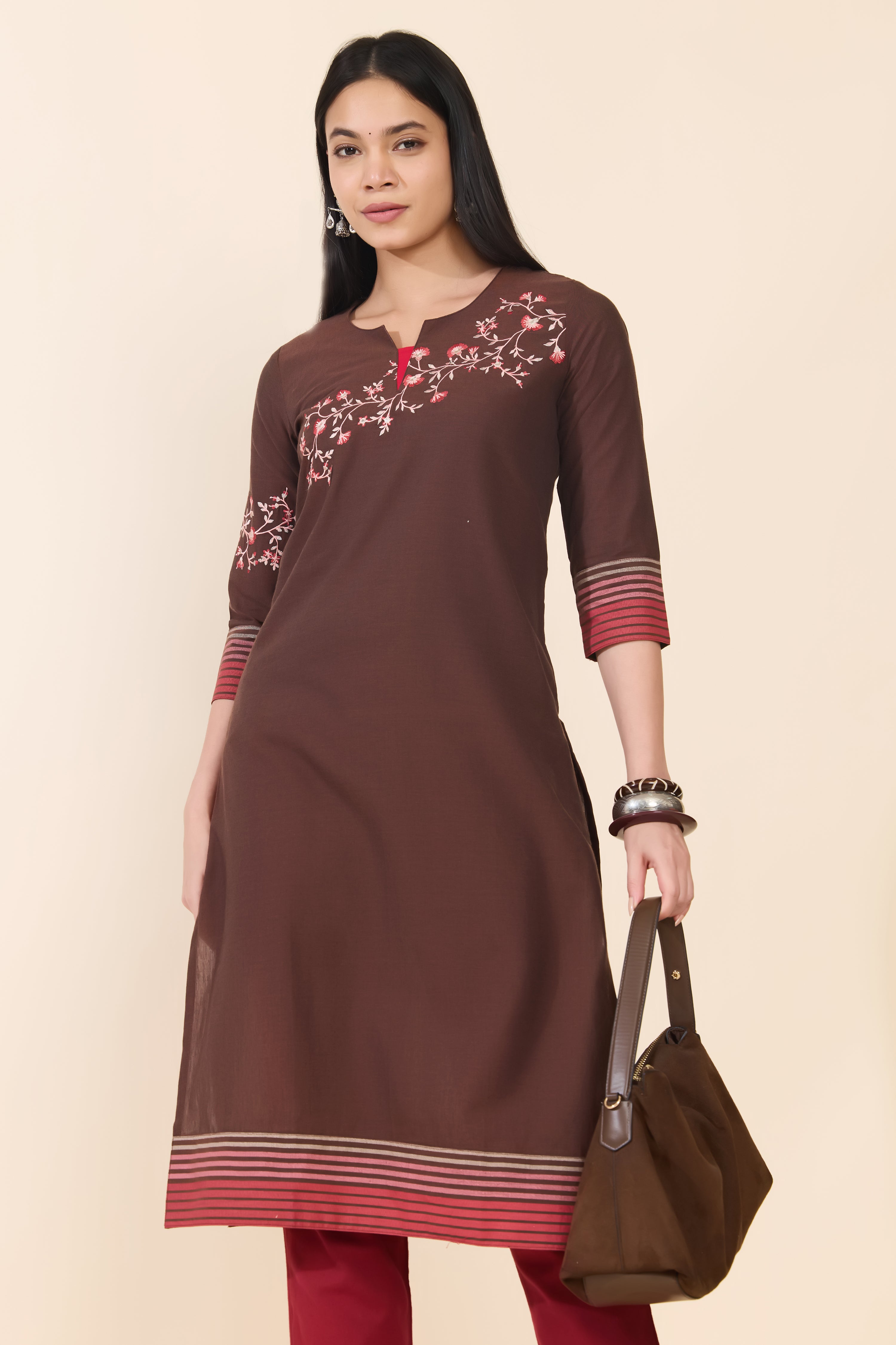 BROWN FLORAL & STRIPED COTTON KURTA