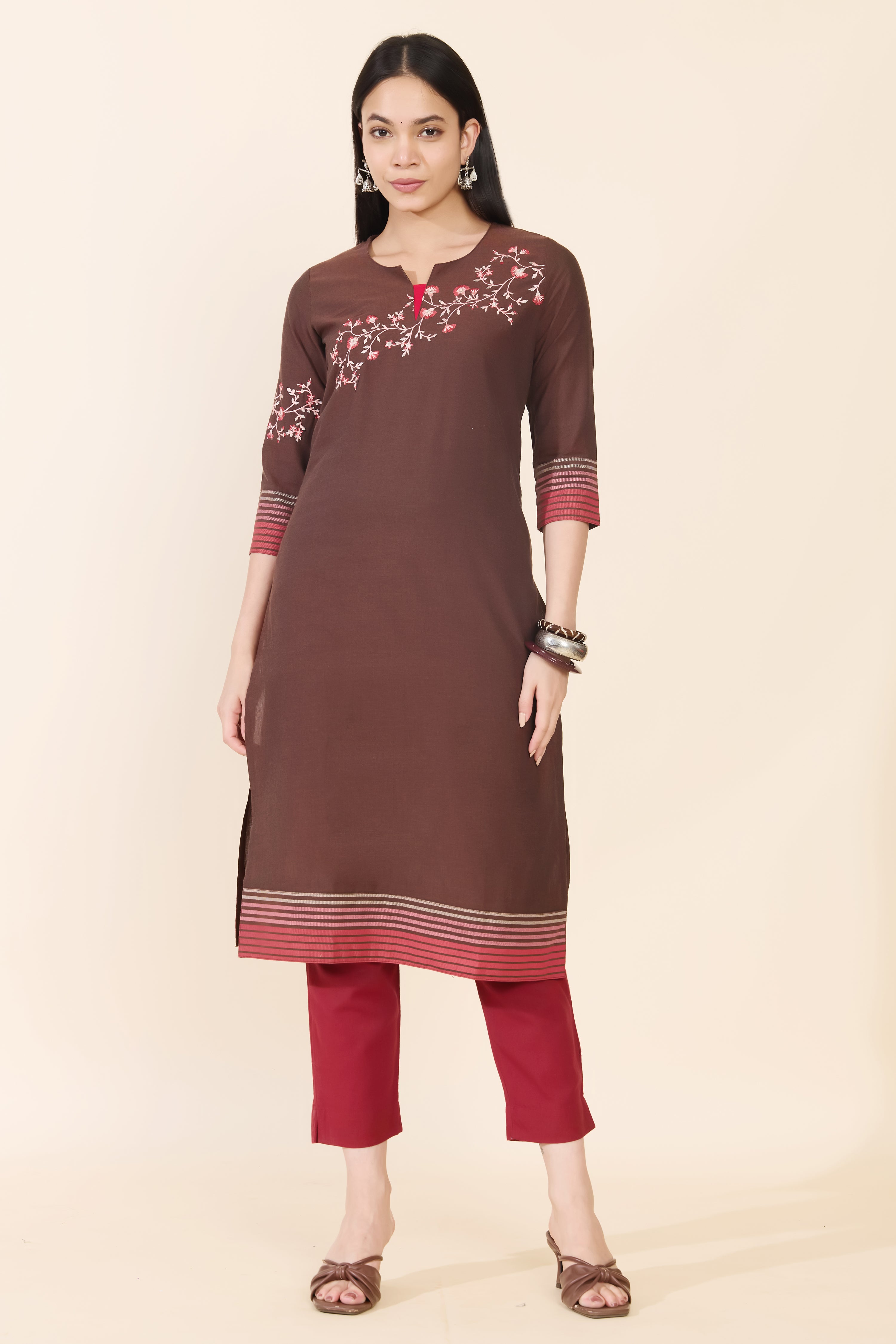 BROWN FLORAL & STRIPED COTTON KURTA
