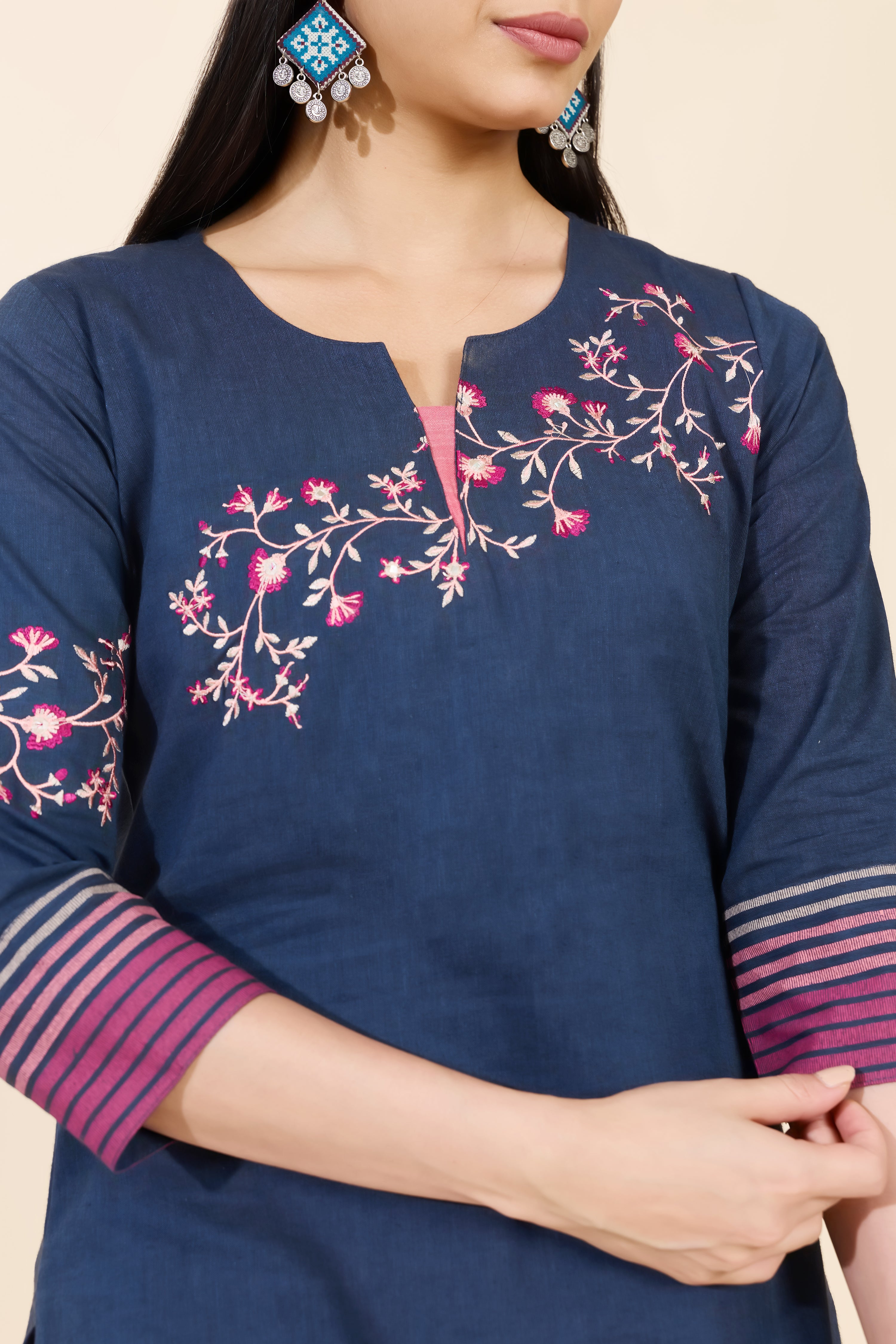 NAVY FLORAL & STRIPED COTTON KURTA