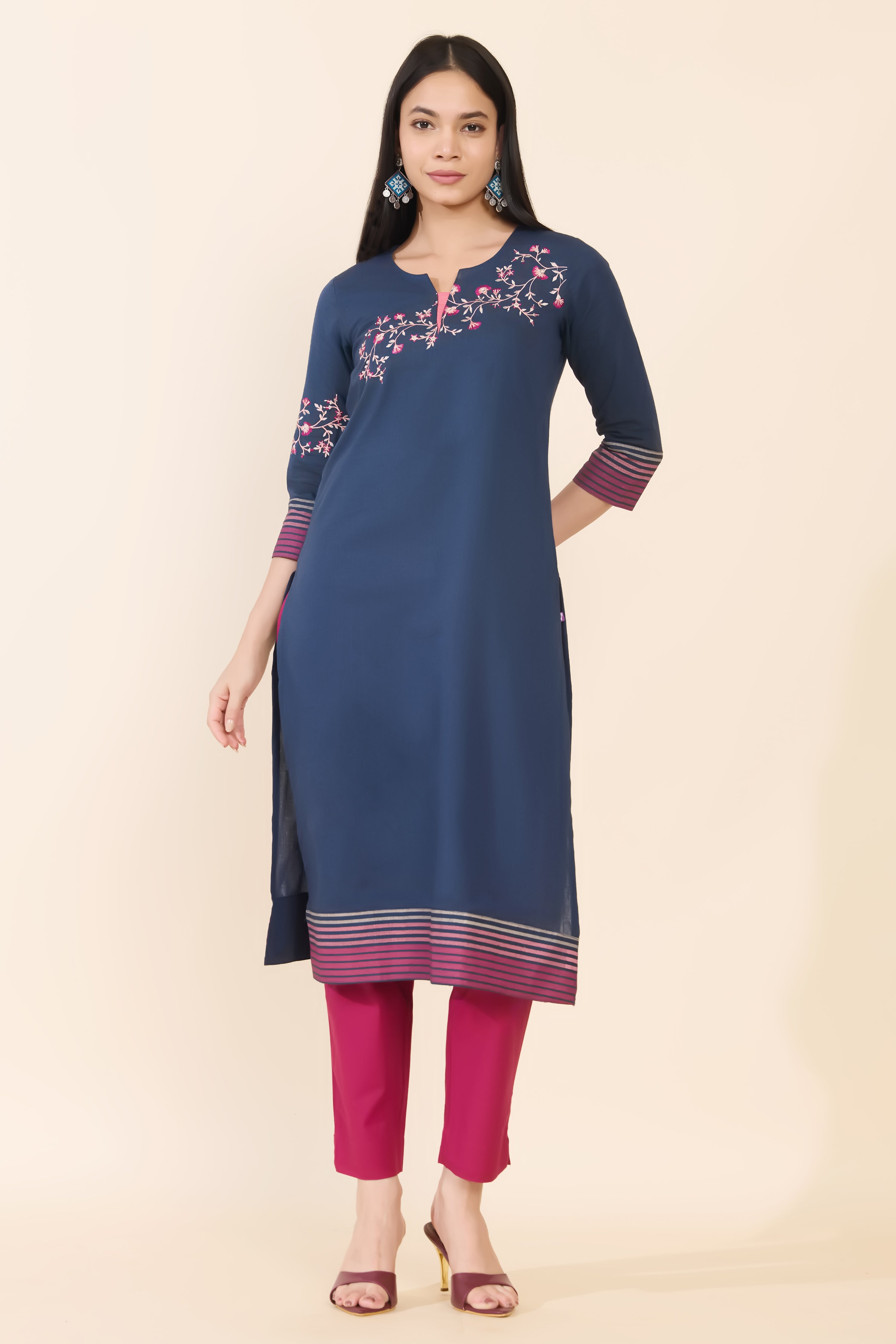 NAVY FLORAL & STRIPED COTTON KURTA