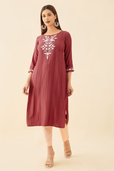 Contrast Floral Embroidered Kurta - Pink