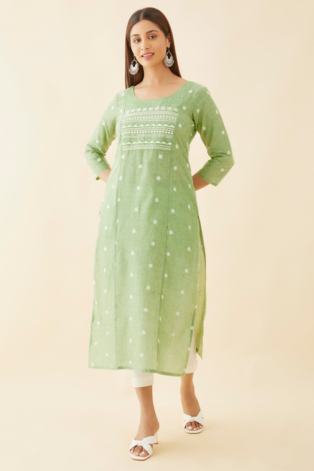 All Over Geometric Motif Dobby Weave Kurta - Green