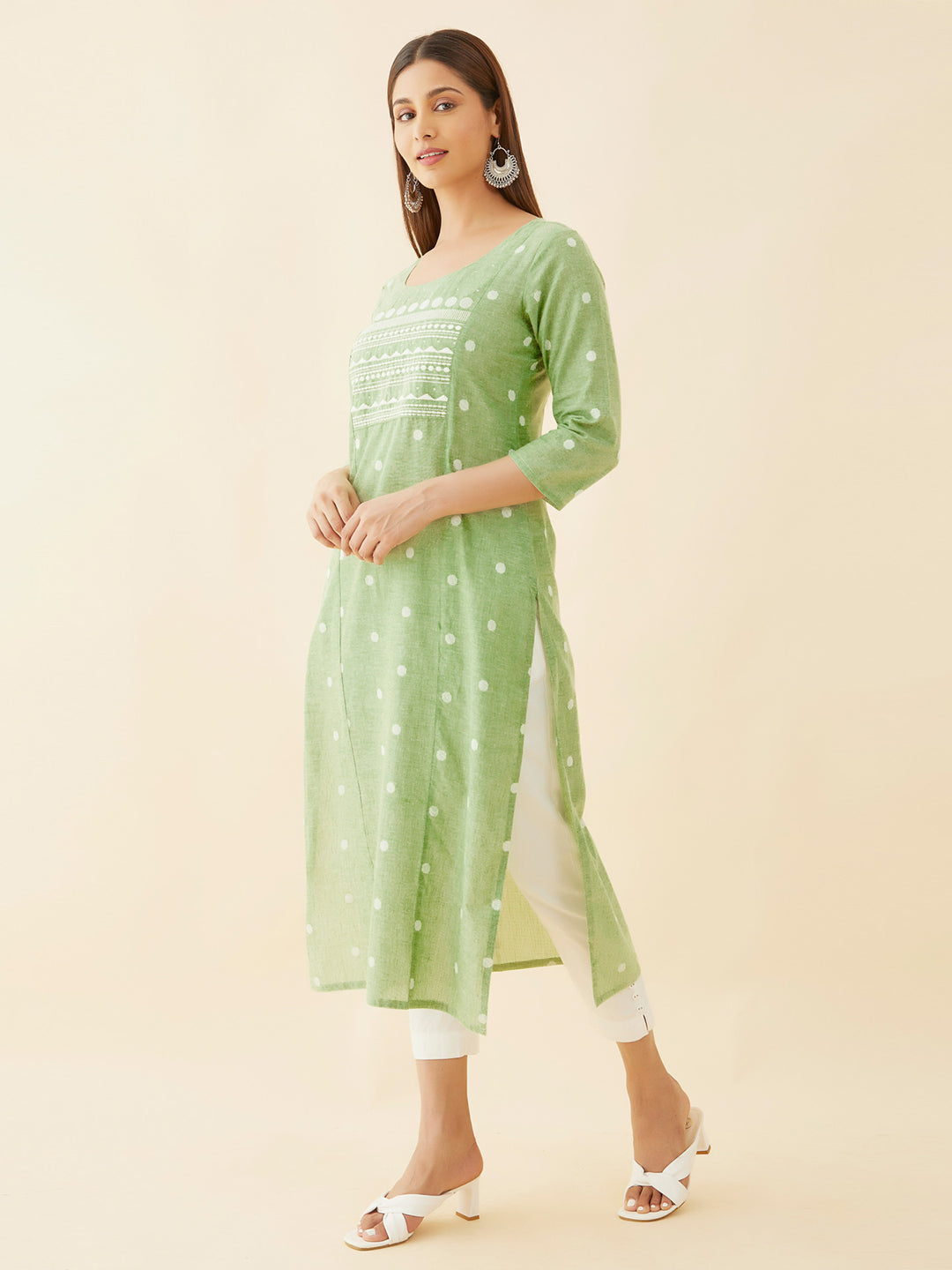 All Over Geometric Motif Dobby Weave Kurta - Green