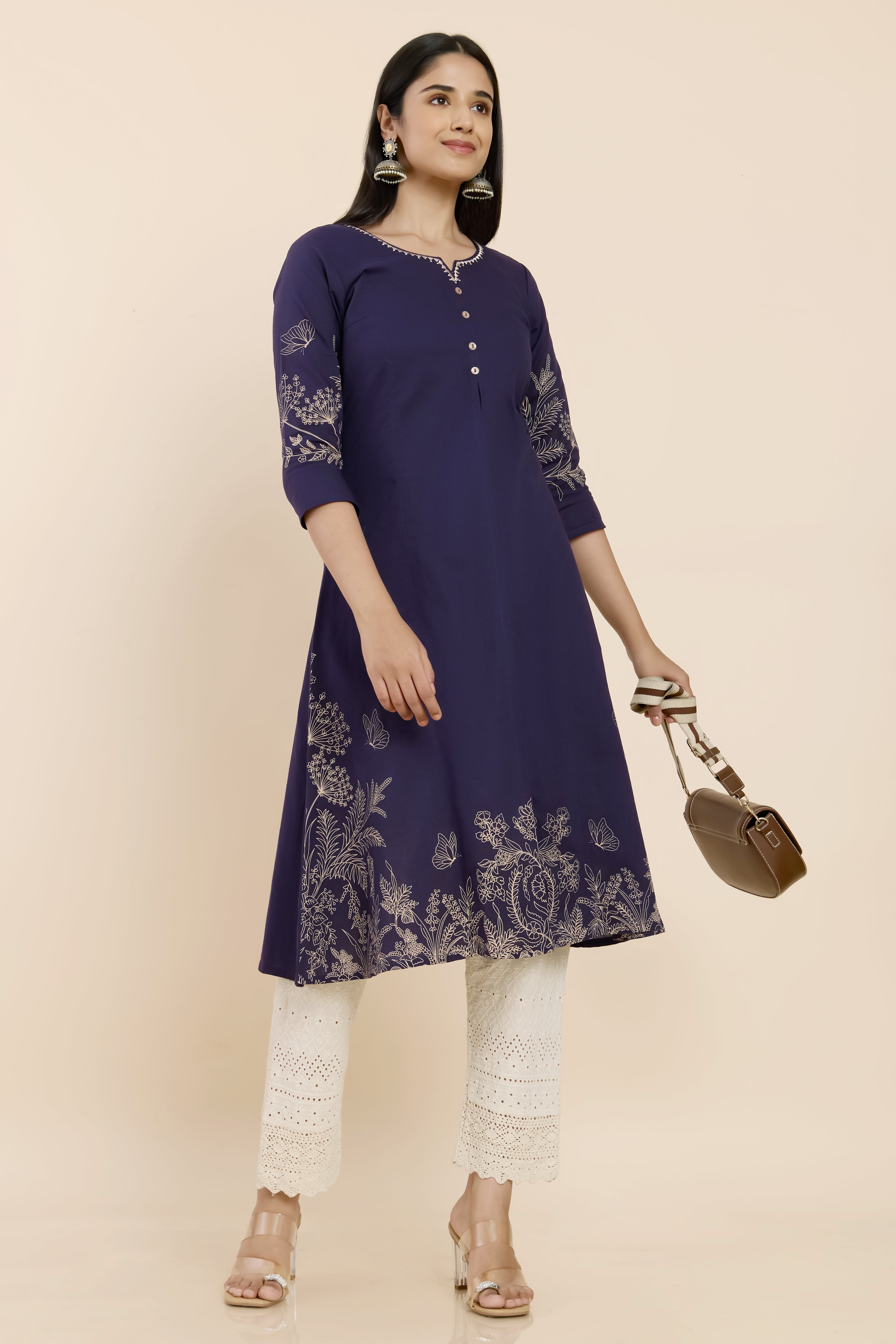 DARK PURPLE FLORAL PRINTED A-LINE KURTA