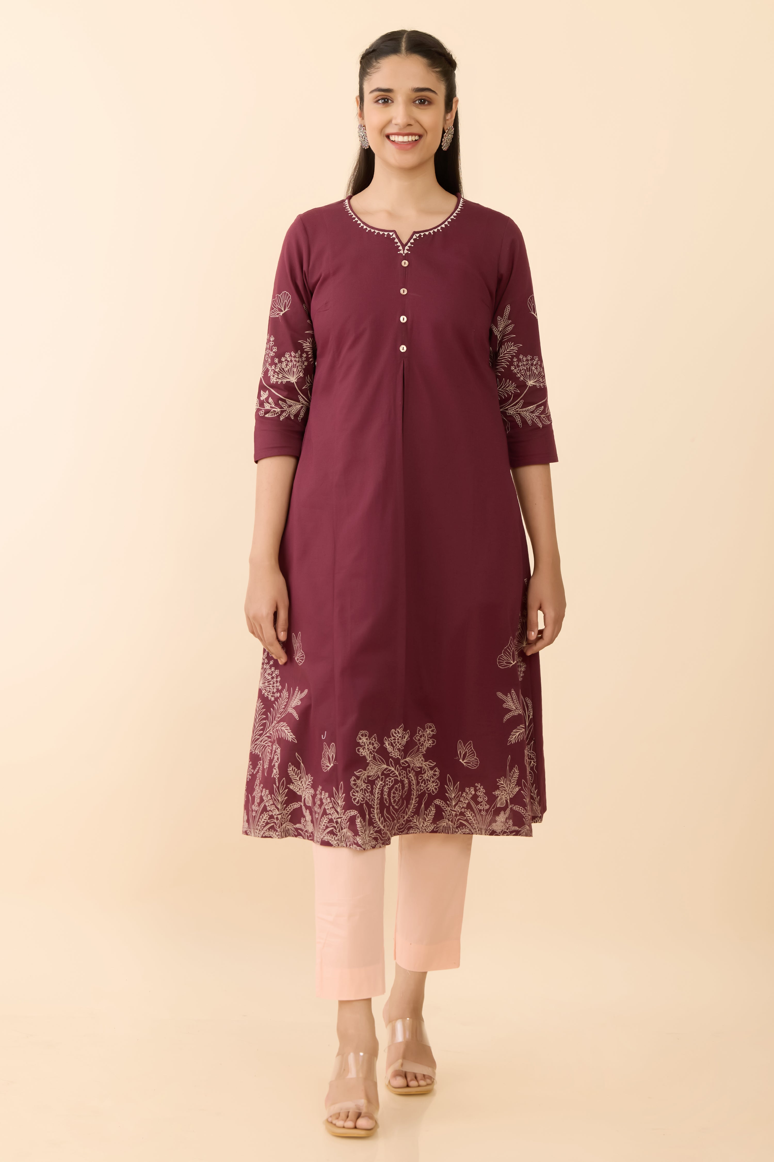 WINE FLORAL PRINTED A-LINE KURTA