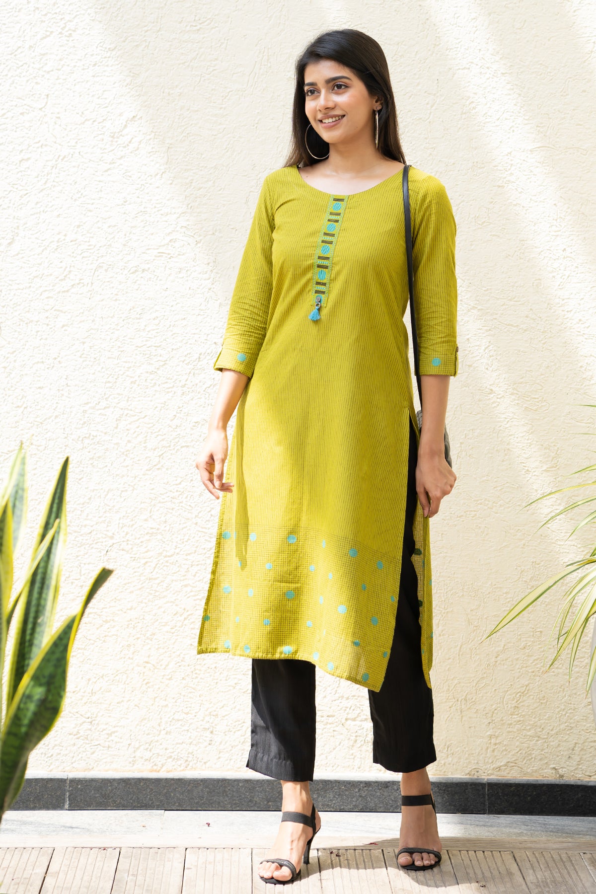 All Over Geometric Motif Dobby Weave Kurta Green