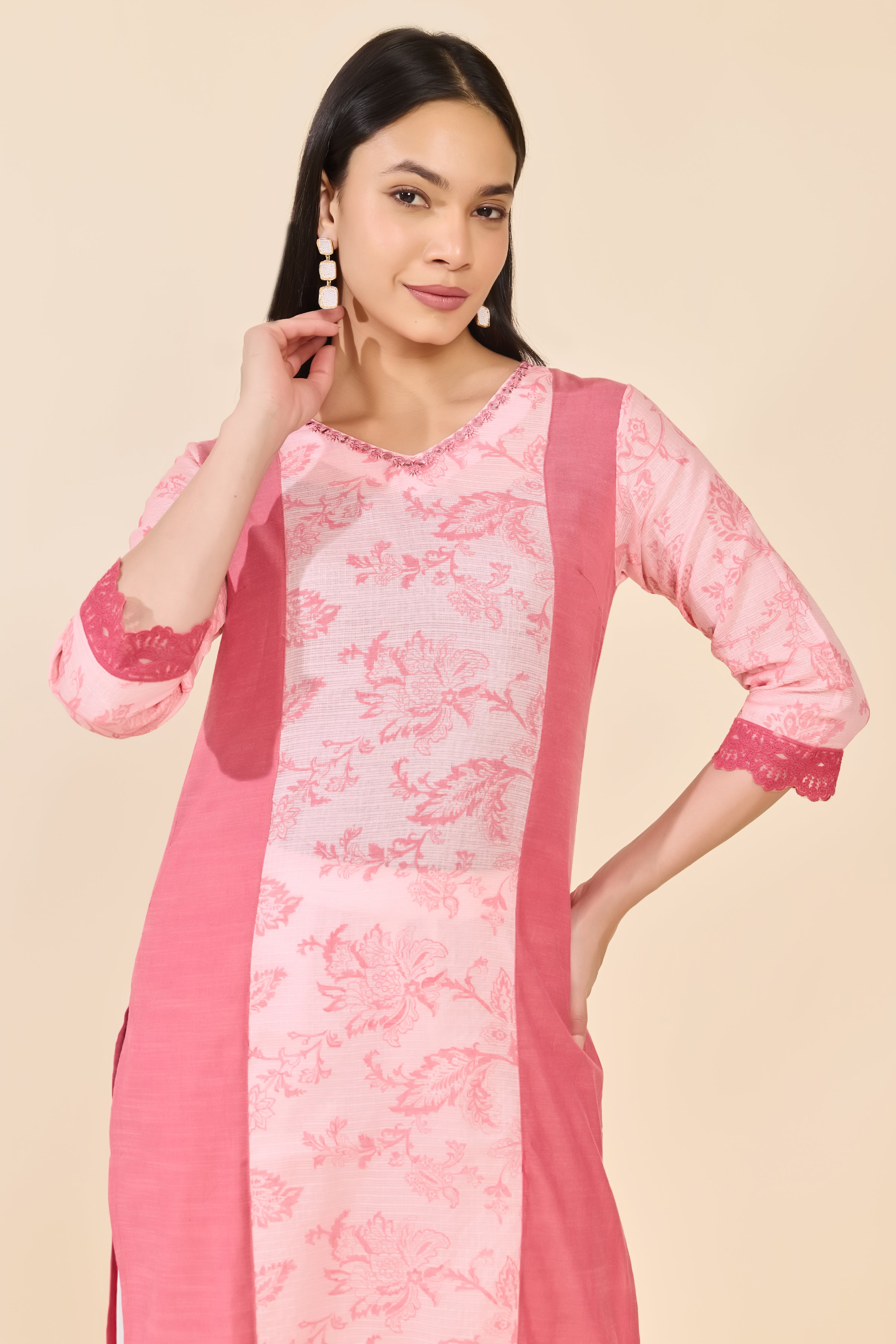 PINK FLORAL PRINTED COTTON KURTA