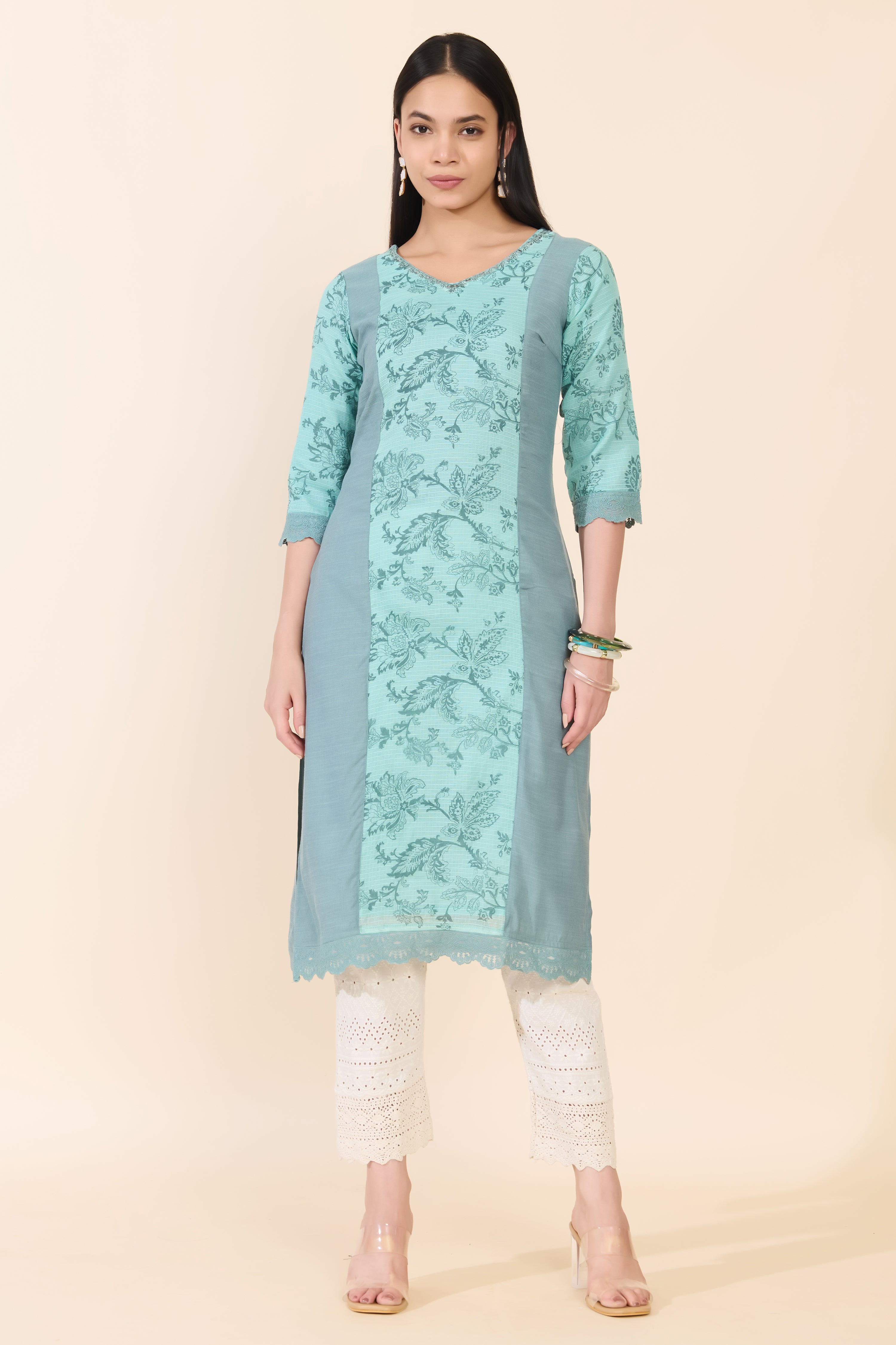 TURQUOISE FLORAL PRINTED COTTON KURTA