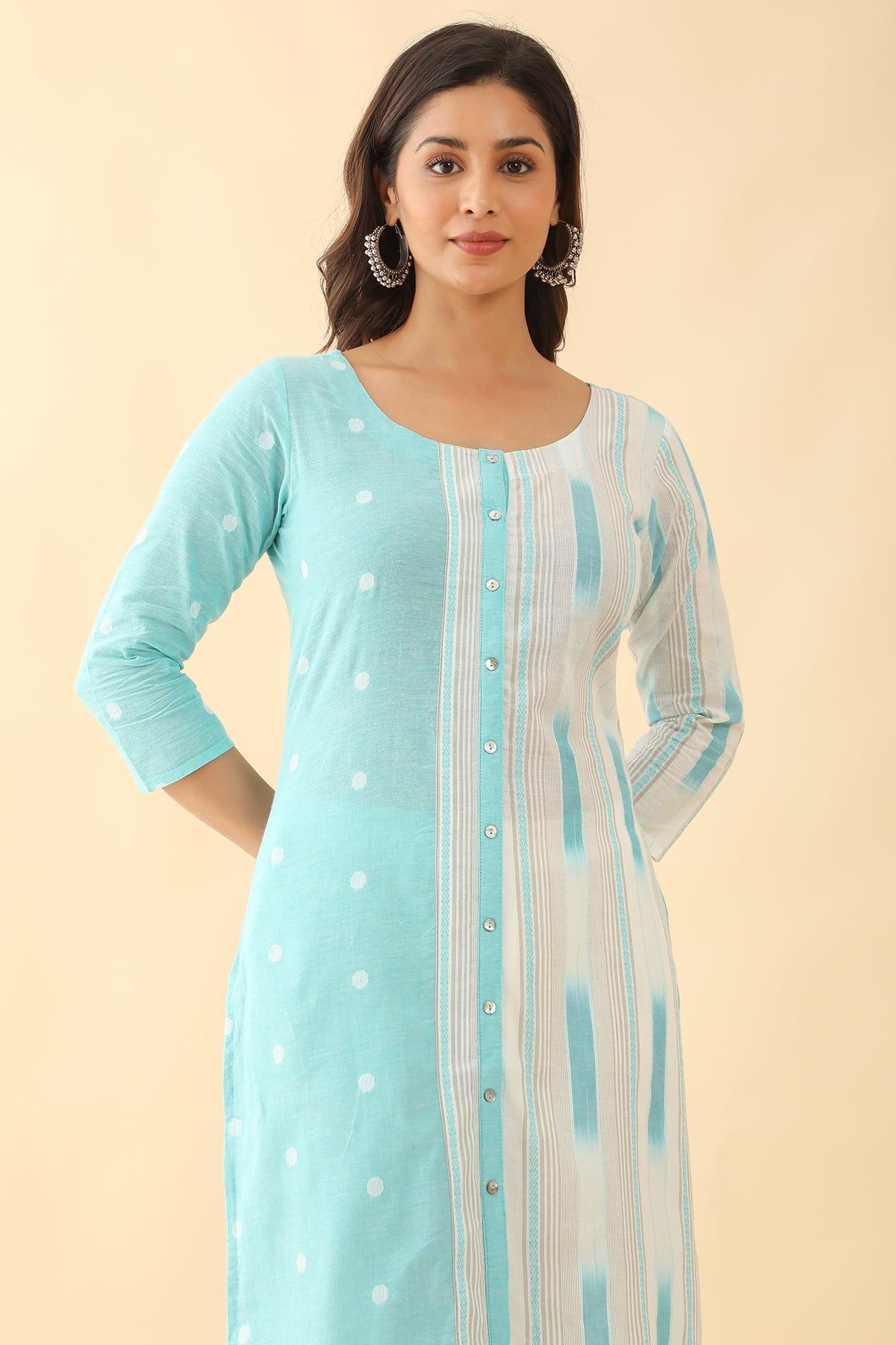 All Over Dobby Weave With Stripes Kurta Blue