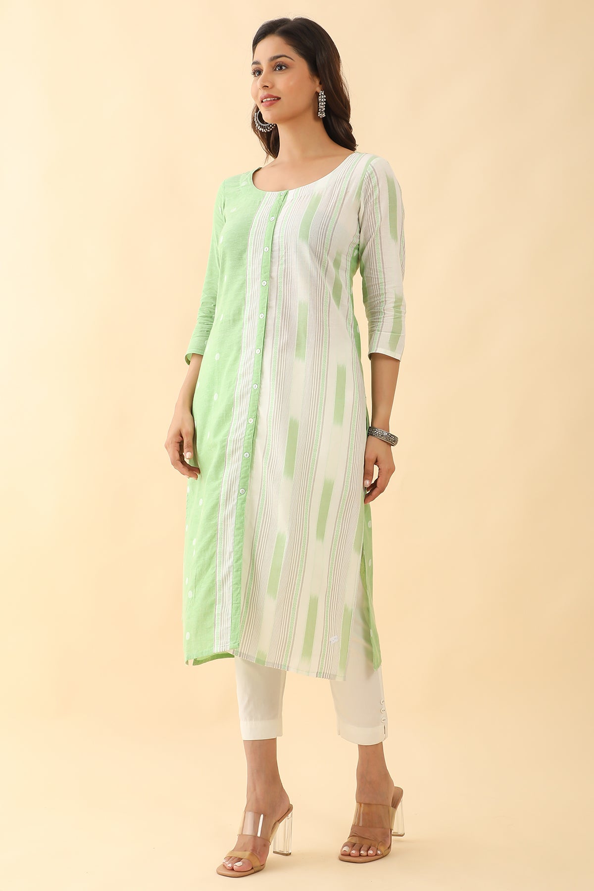 All Over Dobby Weave With Stripes Kurta Green