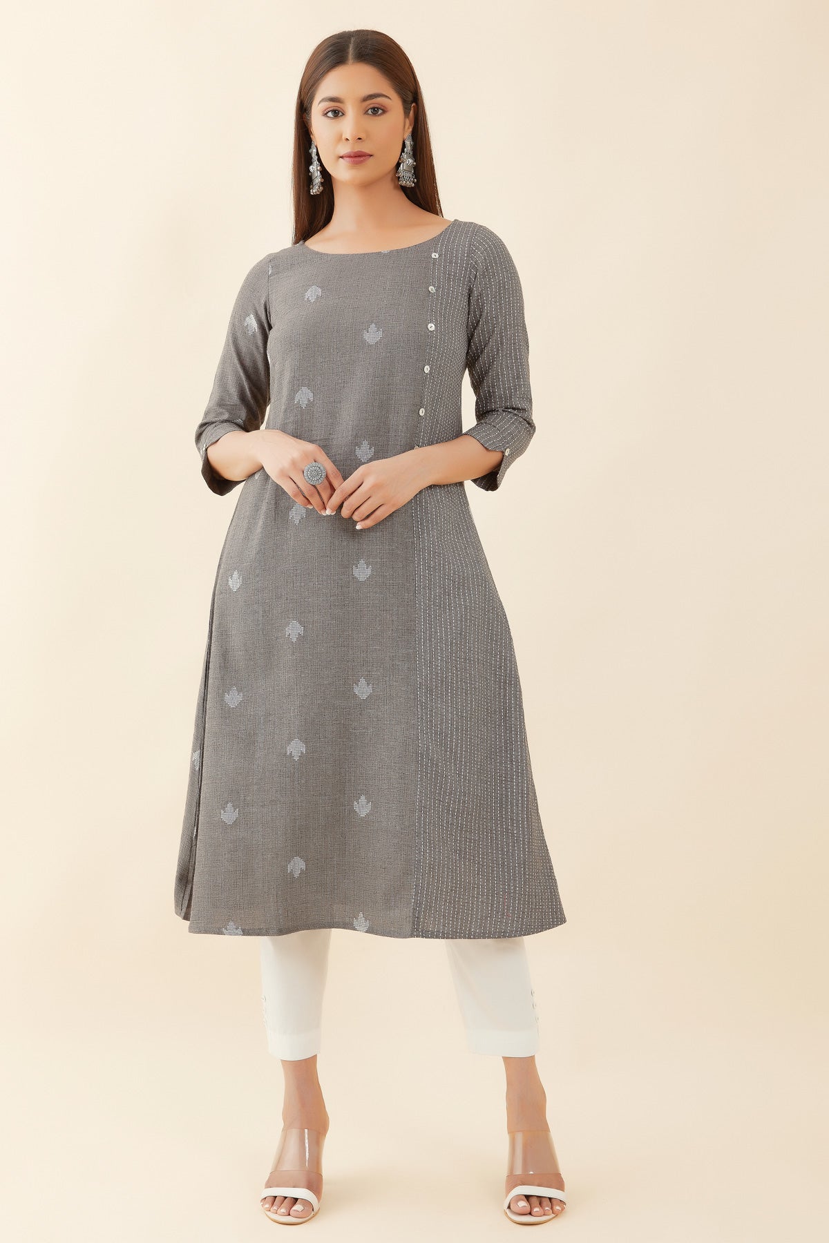 Geometric Pattern Dobby Weave A-Line Kurta - Grey