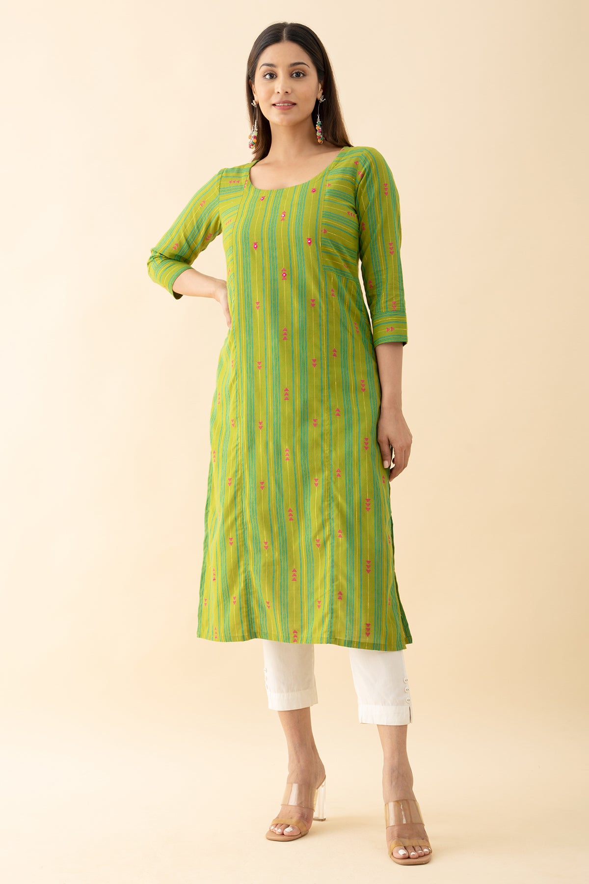 Cotton Dobby Embroidered Kurta - Green